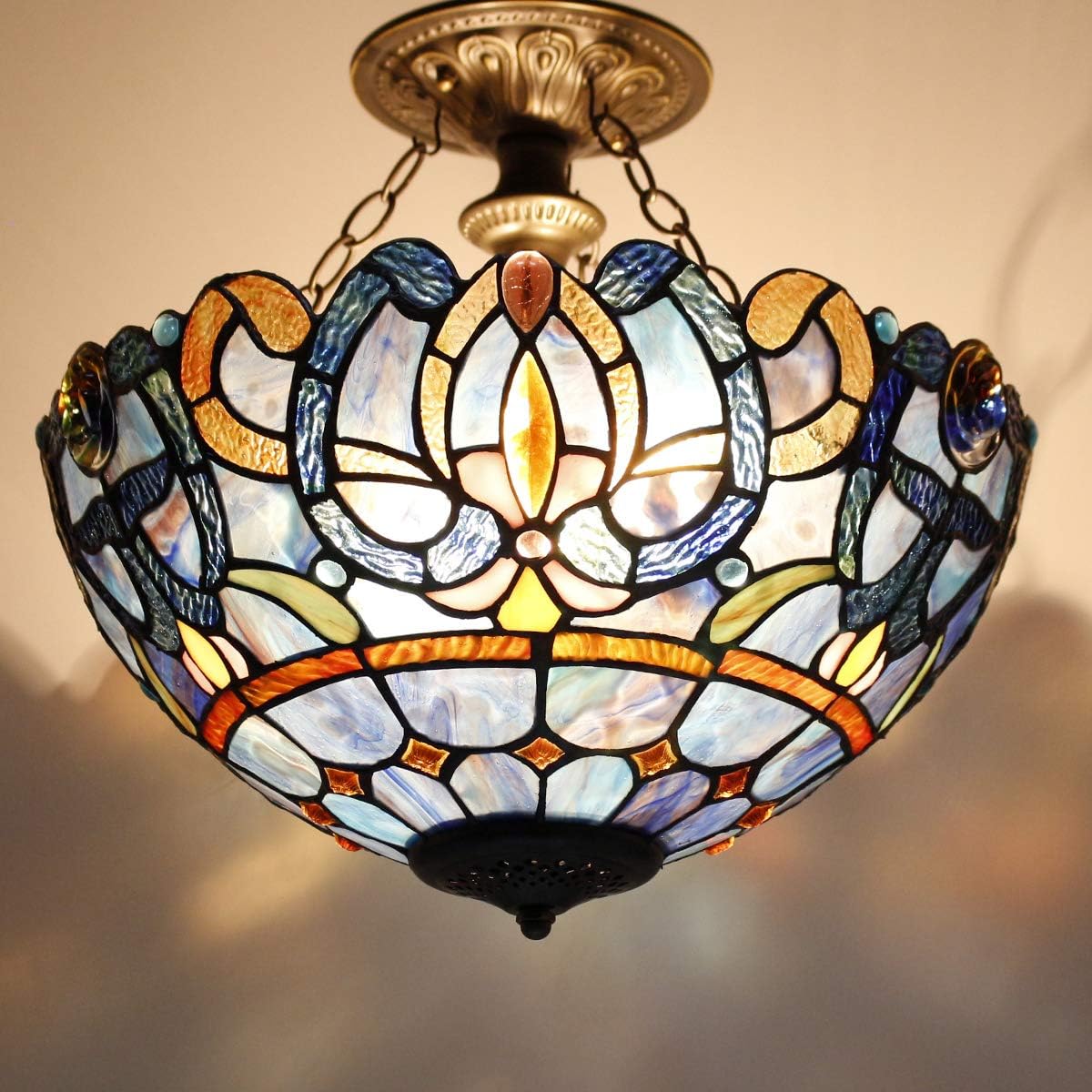 WERFACTORY Tiffany Ceiling Light Fixture Blue Purple Cloudy Stained Glass Semi Flush Mount Lamp Wide 16 Inch Height 15 Inch Tiffany Ceiling Lamp S558 Series