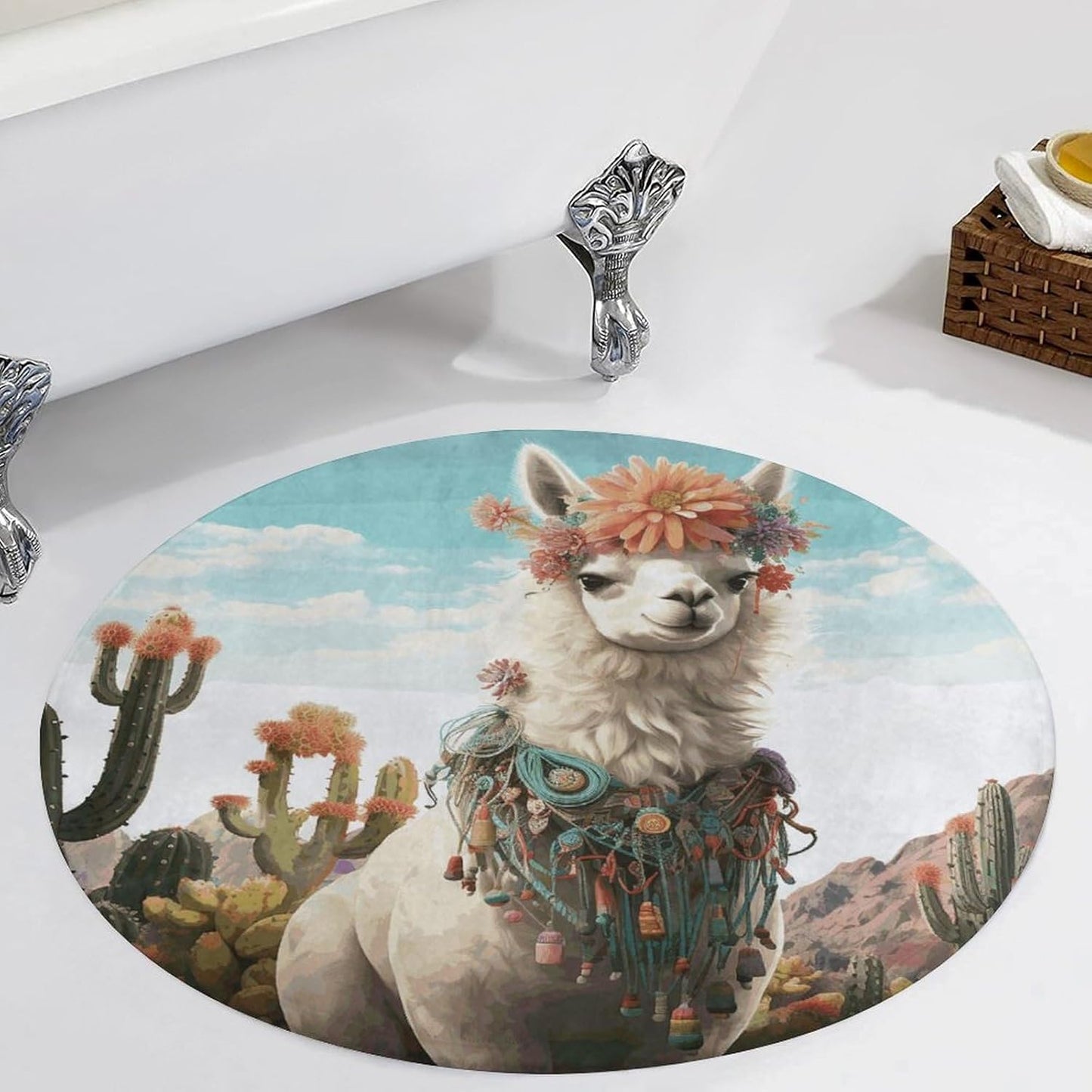 Mexican Llama Cactus Circle Rug Retro Luxury Coral Velvet Floor Mat Non Slip Soft Indoor Floor Carpet Comfy Thickened Area Rugs Modern Aesthetic Minimalist Carpets for Home Decor