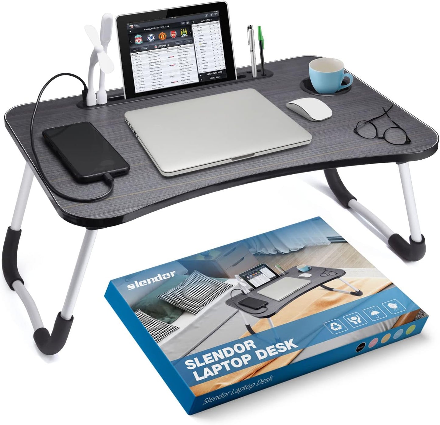 Slendor Lap Desk with Cup Holder, Foldable Laptop Table for Bed, Portable Bed Desk for Laptop and Writing, Computer Tray with Tablet Slot, Notebook Stand Reading Holder for Couch Sofa Floor,Black