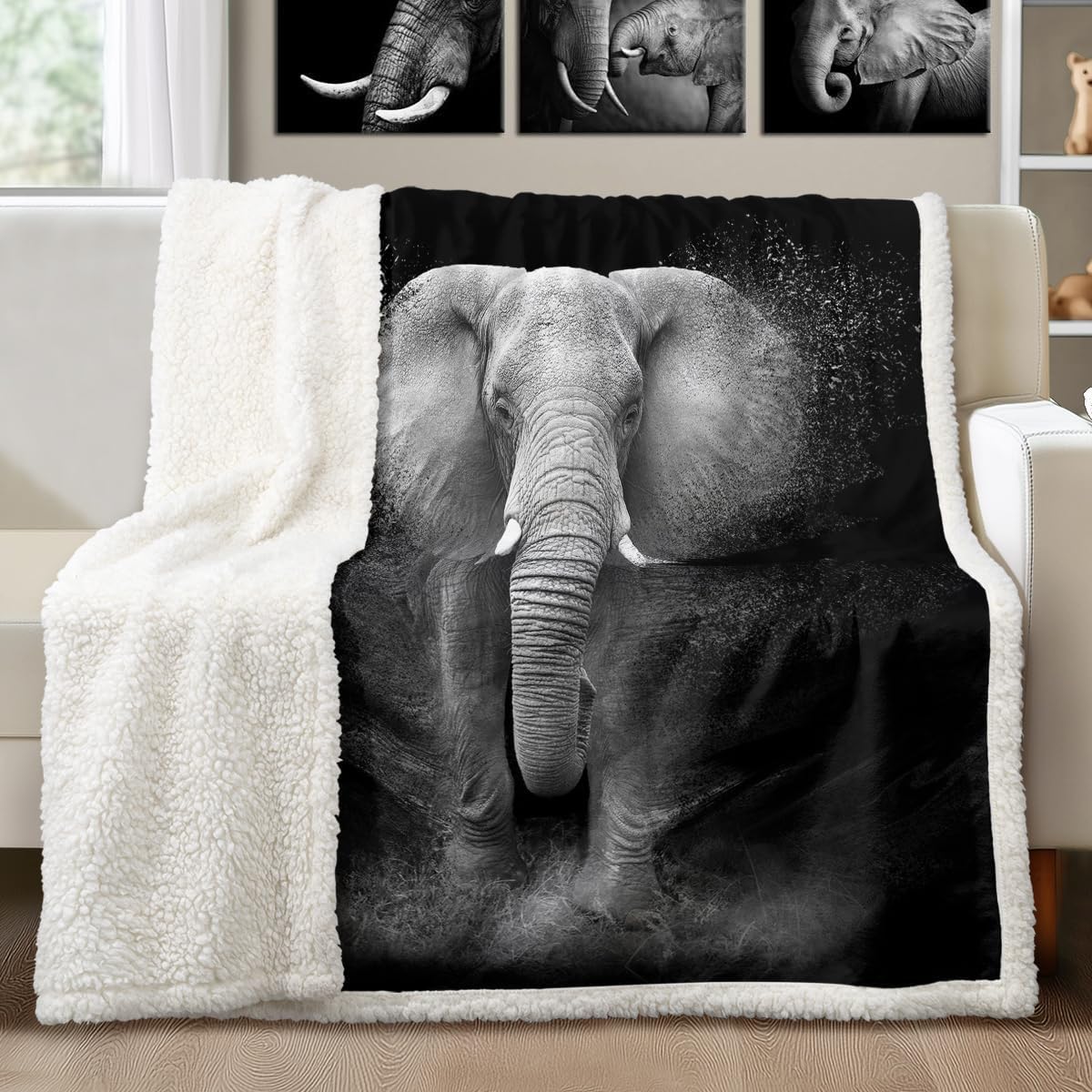 Sleepwish Elephant Fleece Throw Blanket, Soft Cozy Lightweight Black Grey Sherpa Blanket for Couch Bed Sofa, Thoughtful Gift for Animal Lovers & Daughter from Mom 50" X 60"