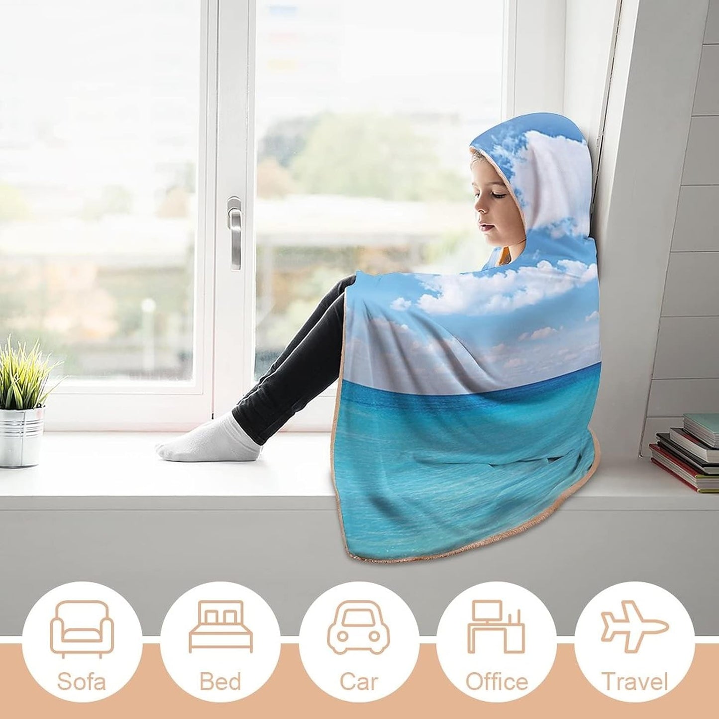 Throw Blankets, Ocean Decor Women Men Hooded Blanket, Surreal Tropical Seascape with Dreamy Sea and, Soft Warm Cozy, 50 x 60inches, Studying Reading Snuggling Napping Office, Turquoise White