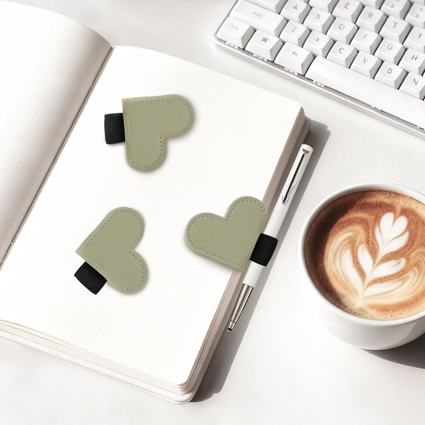 Leather Magnetic Bookmark Pen Loop Holder, Heart Style Pencil Holder Clip for Notebooks, Journals, Calendars, PU Leather Green 3 Pack