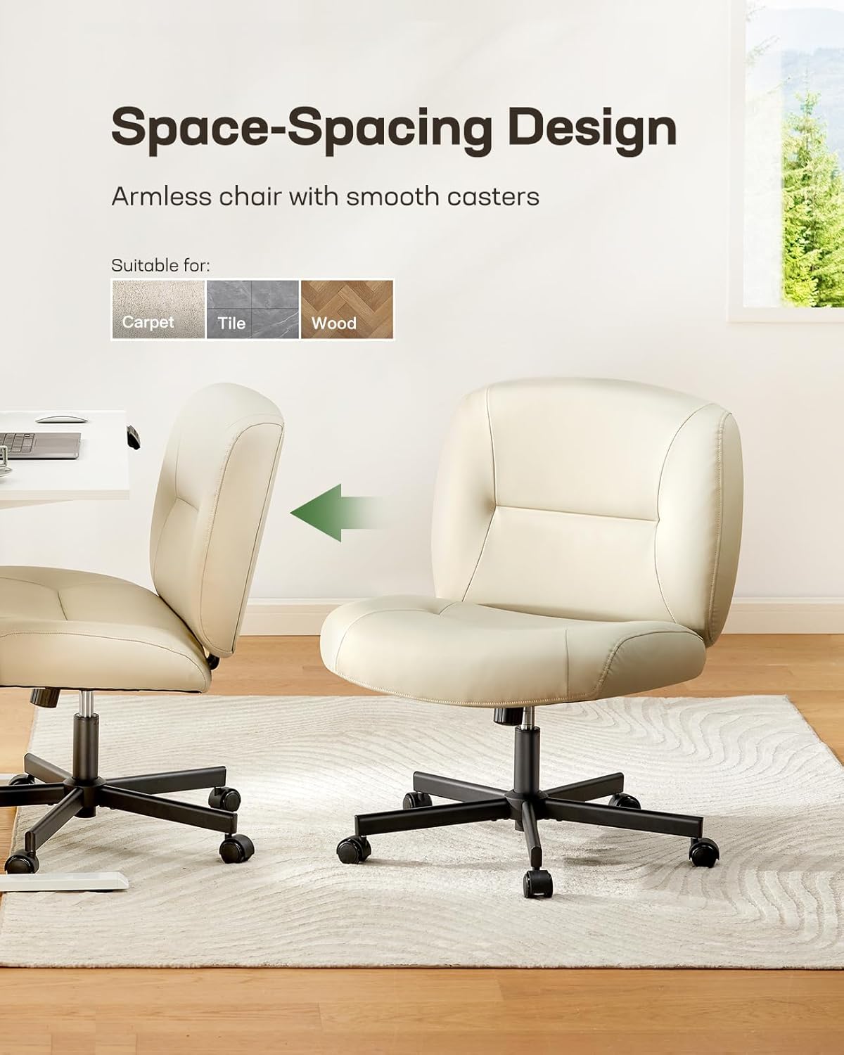 Marsail Modern Criss Cross Office Chair with Wheels, Armless, White PVC Leather, 26" W x 20" D x 42.1" H, 300 lbs Capacity, Ergonomic, Comfortable, Home Office, Computer, Reading, Relaxing, Drafting
