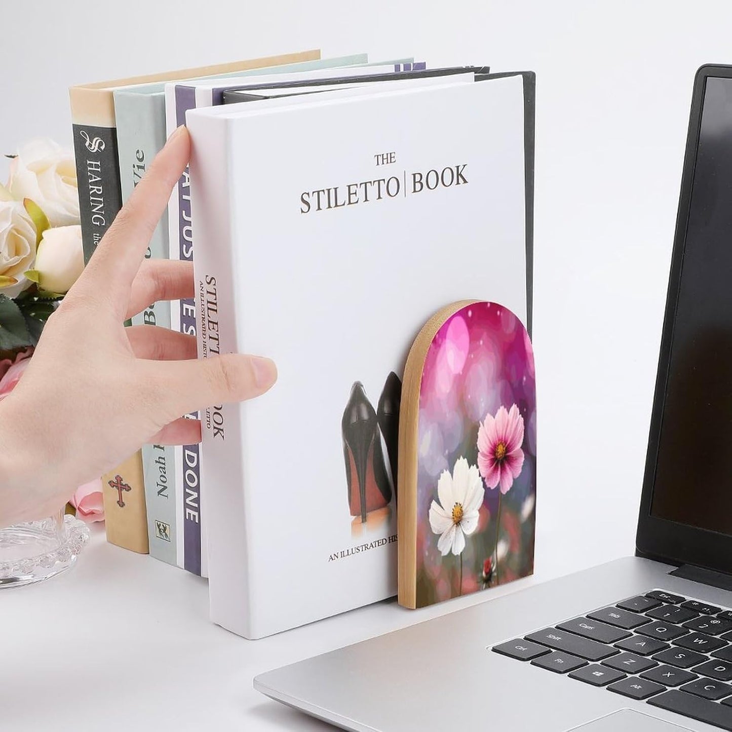 Two Peach Flowers Bookends 1 Pair Heavy Duty Book Ends for Shelves Non-Skid Bookend Supports Wooden Book Holders with Metal Base Desk Organizers Books Storage to Hold Books
