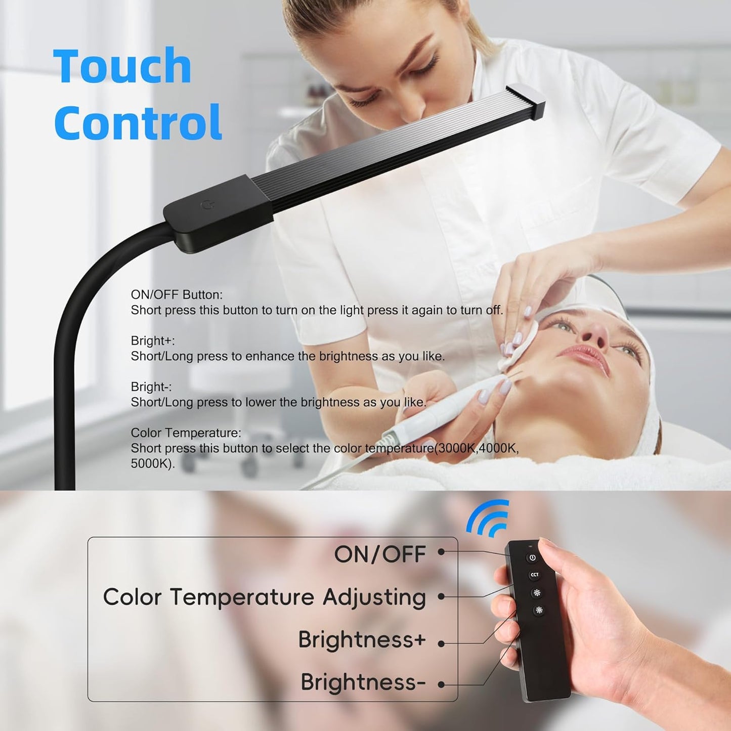 Floor Lamp with Remote, Bright Led Lash lamp for Eyelash Extensions, Dimmable Brightness and 4 Colors Standing Lamp for Beauty, Adjustable Height for Makeup Light lash Bed