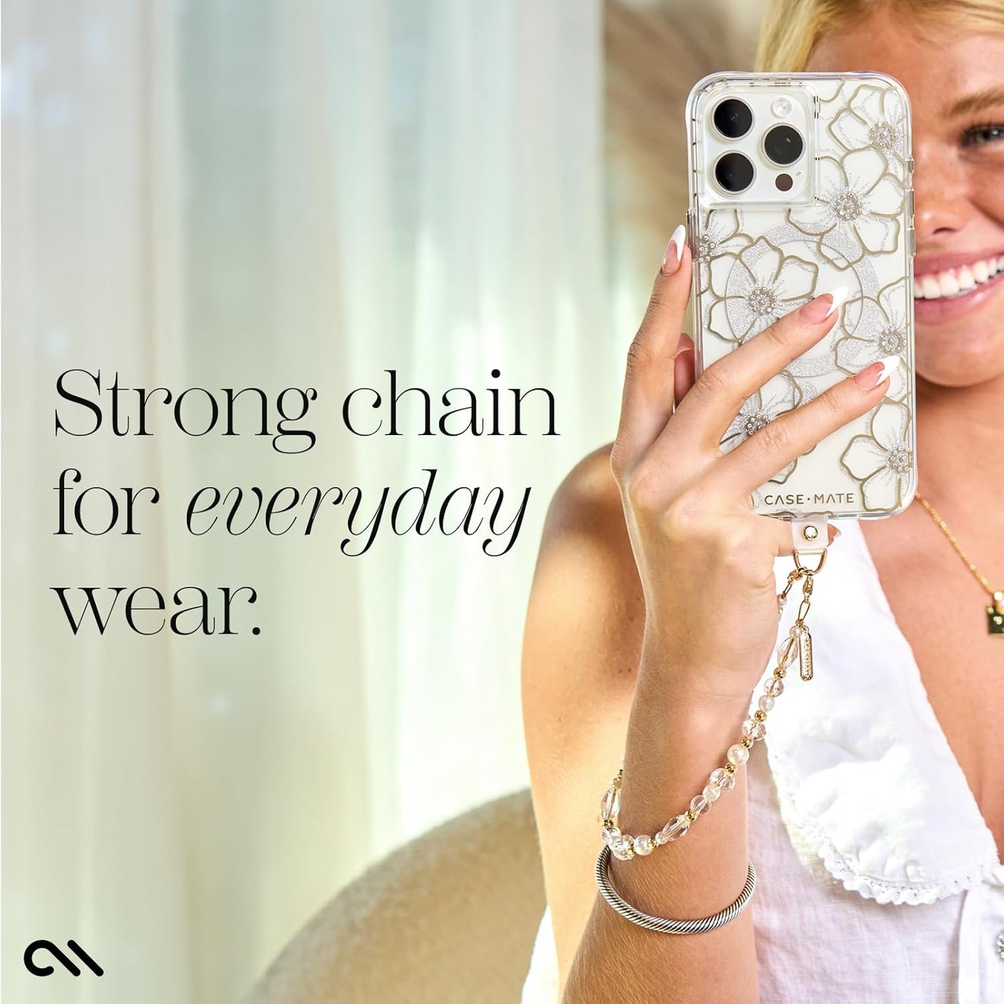 Case-Mate Beaded Phone Charm - Detachable Anti Theft Strap - Hands-Free iPhone Wrist Strap for Women - Phone Chain Wristlet - Fits Galaxy, Pixel and More - Crystal Pearl Gold