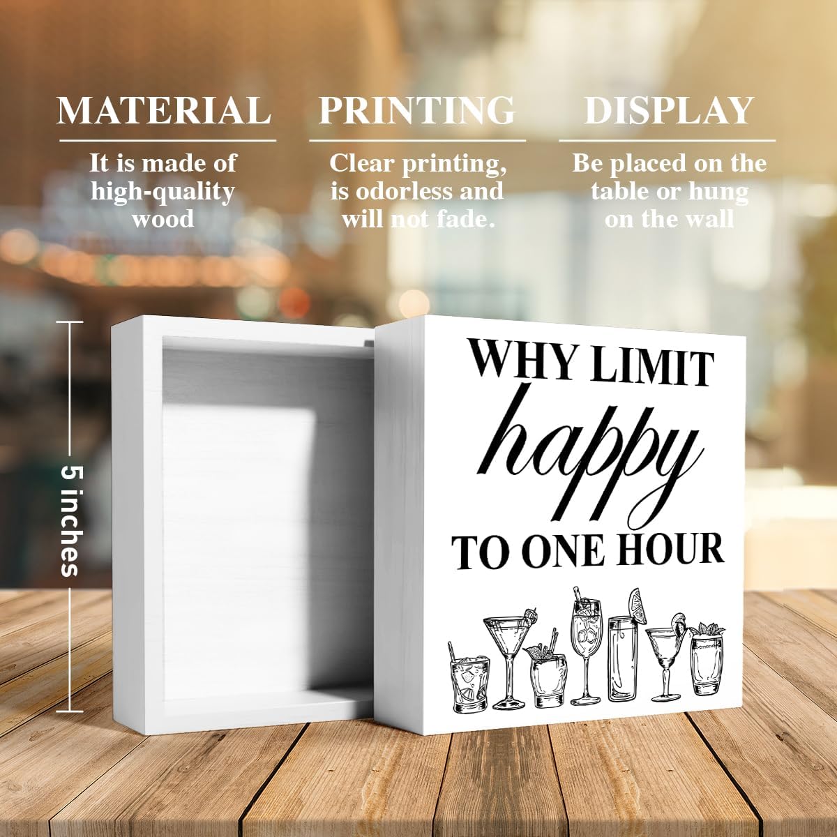 Bar Decor Wooden Box Sign, Home Kitchen Dining Room Drinking Bar Table Decor Cheers Bar Cart Cocktails Decoration, Bar Gifts for Women Men Couples, Limit Happy to One Hour, White