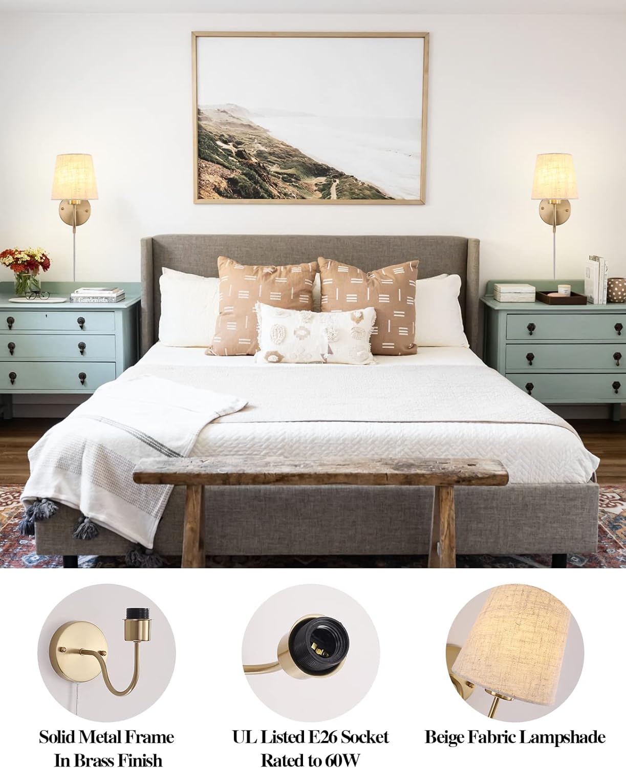 LASENCHOO Plug in Wall Sconces Set of Two, Modern Wall Lamp with Plug in Cord 6.56ft & On/Off Switch with Fabric Lampshade, Gold Sconces Wall Lighting Fixture for Bedroom Bedside Living Room Porch