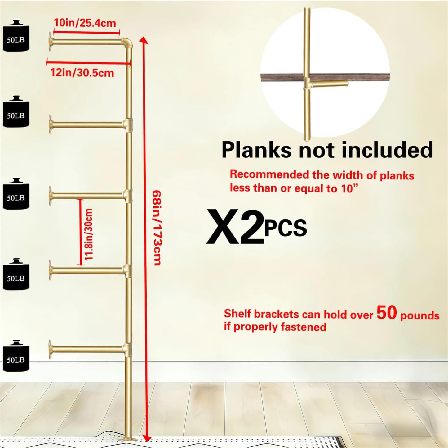 Gold Industrial Wall Mount Iron Pipe Shelf Bracket,Retro DIY Open Bookshelf,Storage Shelves, Ceiling hung Shelves for Home Kitchen Bathroom Living Room Office(2PcsX5Tier,68"Tall,10"deep,Hardware Only)