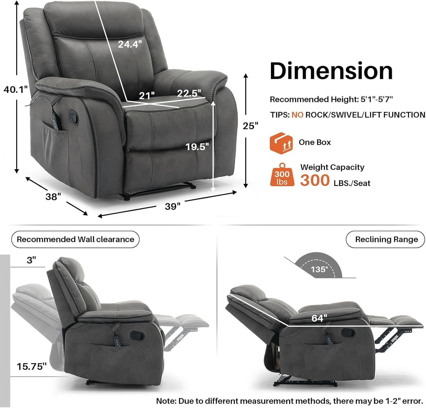 Massage Recliner Chair with Heat 39" Wide Manual Reclining Ergonomic Lounge Chairs Overstuffed Wall Hugger Recliners for Living Room Bedroom Meeting(Black)