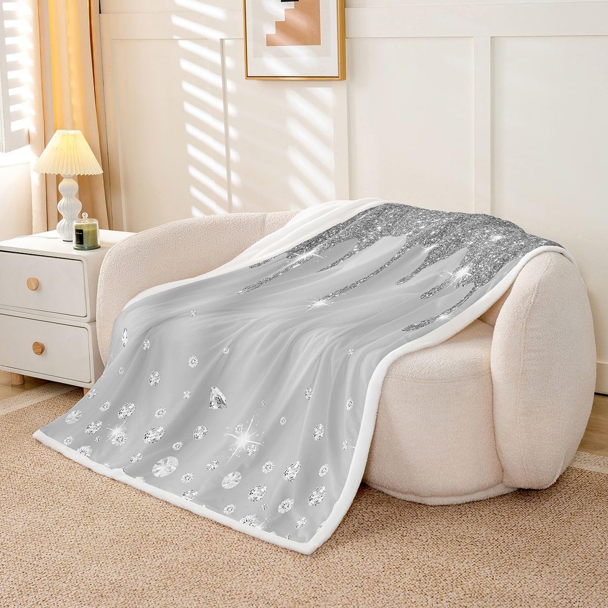 Feelyou Silver Glitter Print (No Glitter) Fleece Throw Blanket - Bling Party Decorations Grey Plush Sherpa for Diamond and Jewelry - Warm Fuzzy 40"x50"