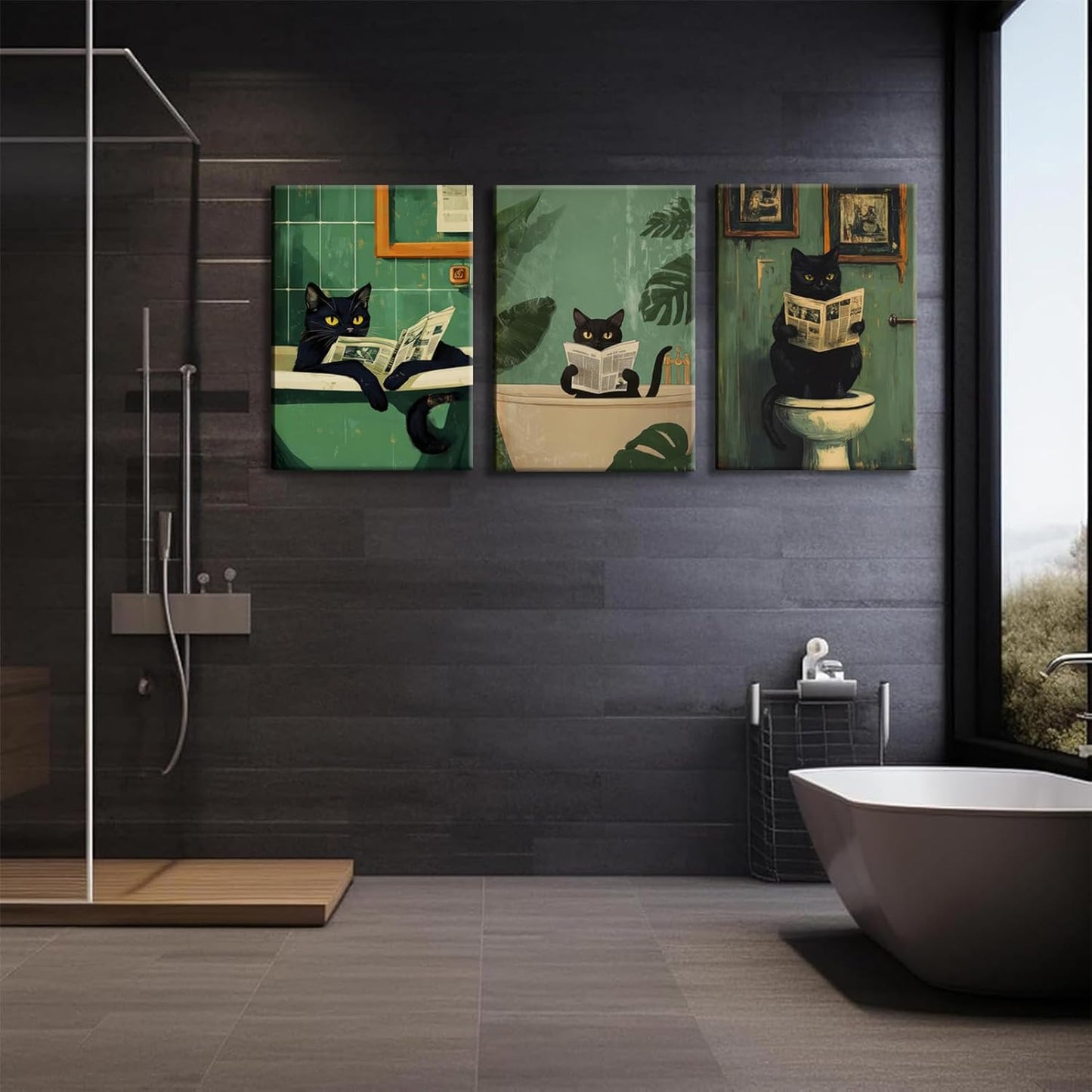 BOKPEN Black Cat Bathroom Canvas Wall Art,Cute Cat Reading Newspaper Funny Bathroom Poster Prints,Green Toilet Art Vintage Painting Artwork for Washroom Aesthetics Whimsical Quirky Room Decor 16x24in