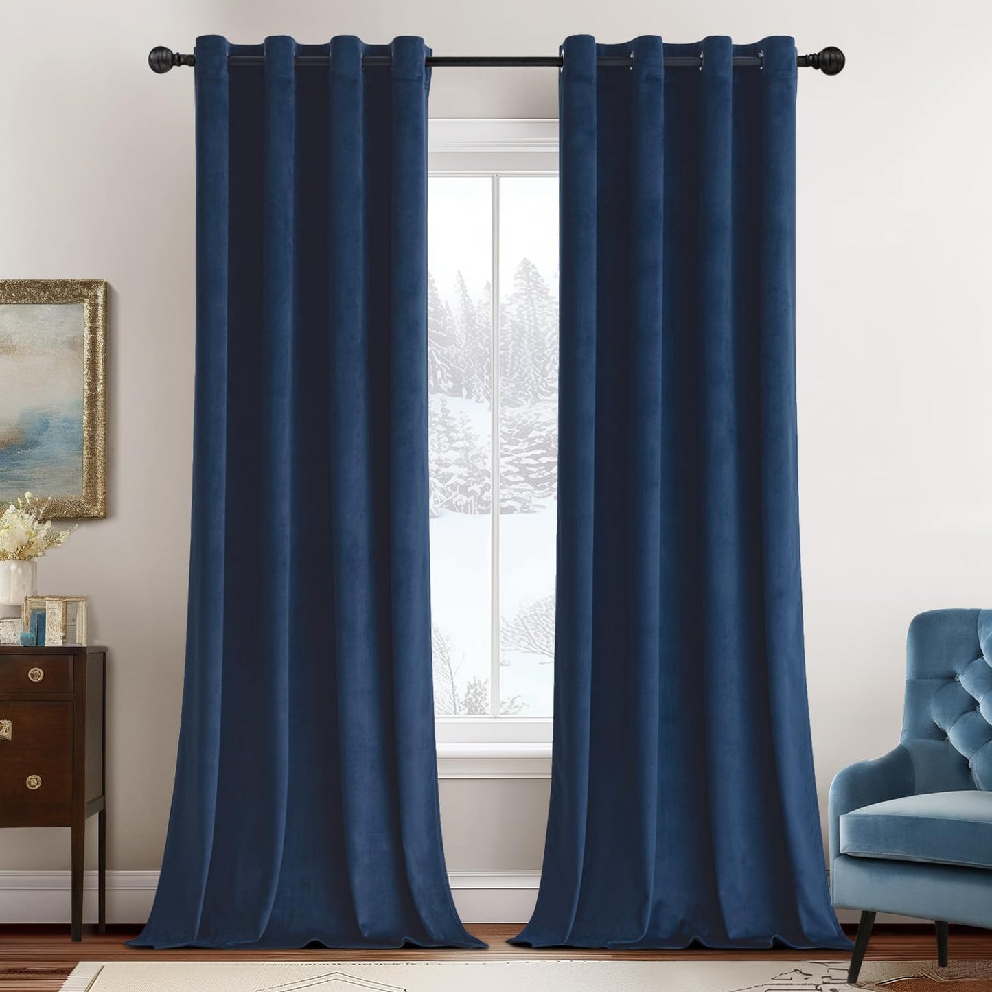 MIULEE Elegant Velvet Curtains Navy Blue Grommet Curtains Thermal Insulated Soundproof Room Darkening Blackout Curtains/Drapes for Girls & Ladys Living Room/Bedroom 52 x 96 Inch 2 Panels