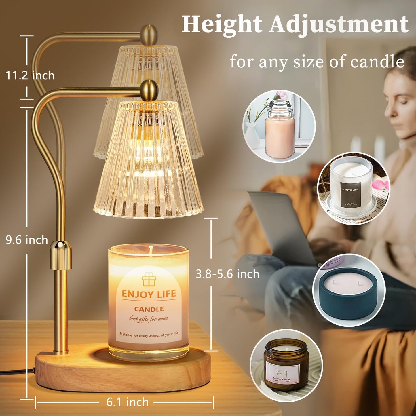 Candle Warmer Lamp with Timer Dimmer Adjustable Height for New Home Bedroom, Vintage Home Decor for Scented Jar