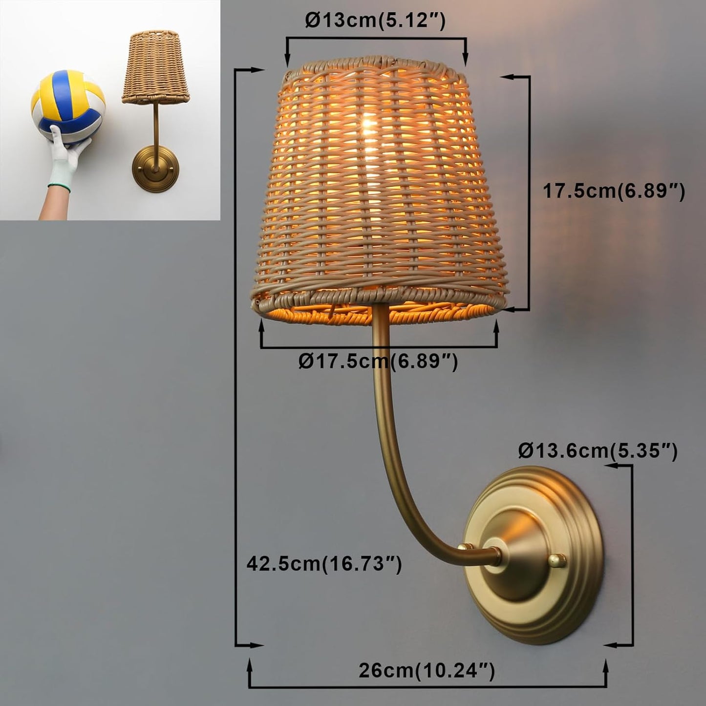 Yosoan Rattan Boho Wrapped Wall Sconce Light, Indoor Hardwired Gold Hand-Woven Farmhouse Vintage Wall Lamp, Brass Handmade Shade Wall Mount Fixture for Reading Bedside Bedroom Nursery Rustic(Antique)