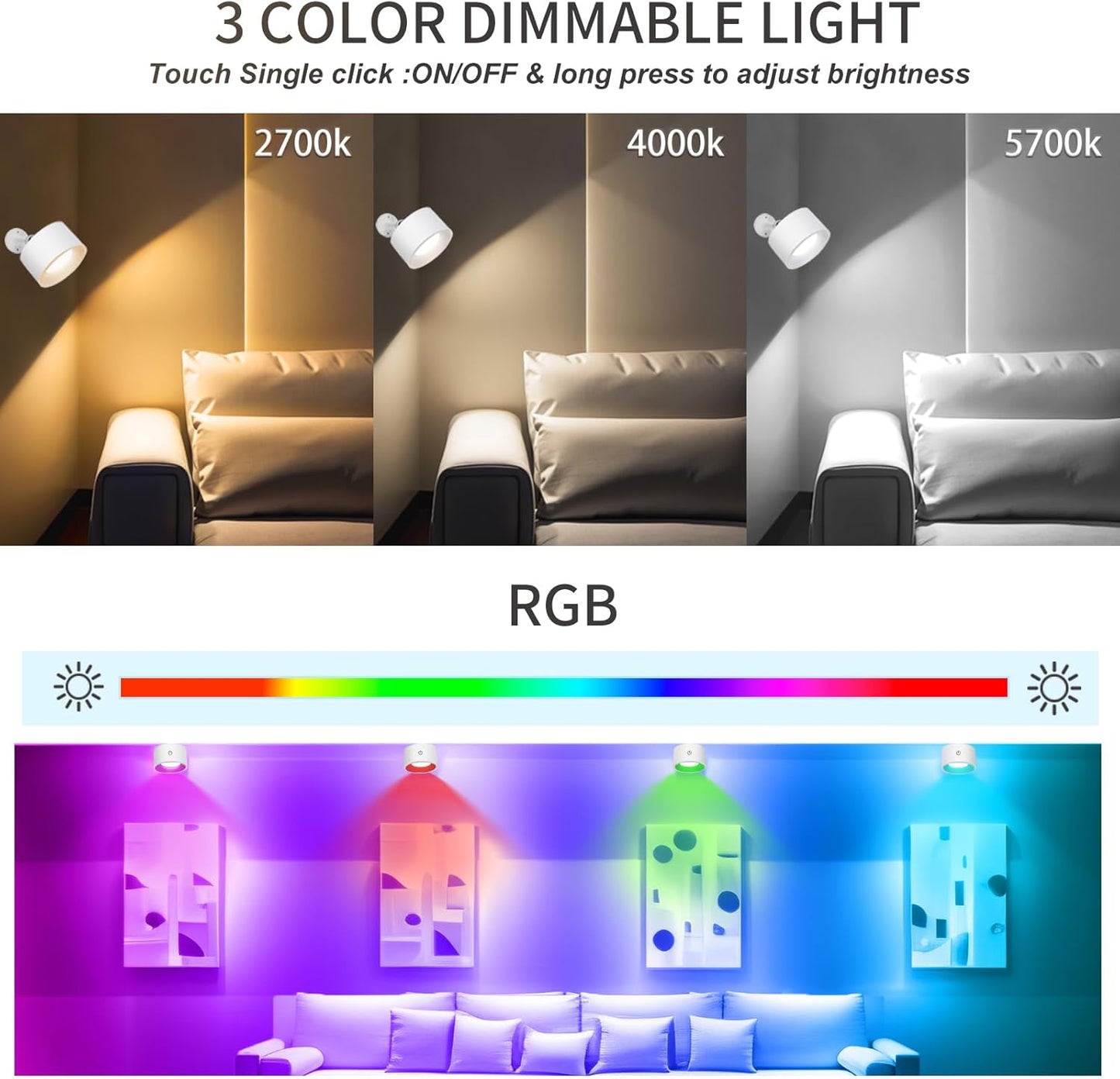 Adetu LED Wall Mounted Lights, Rechargeable Wall Sconces Lamp, 3 Color Temperatures & Remote, Magnetic Clamp Light 360° Rotation Dimmable Cordless Wall Lights for Living Room Bedside (1 Pack, White)