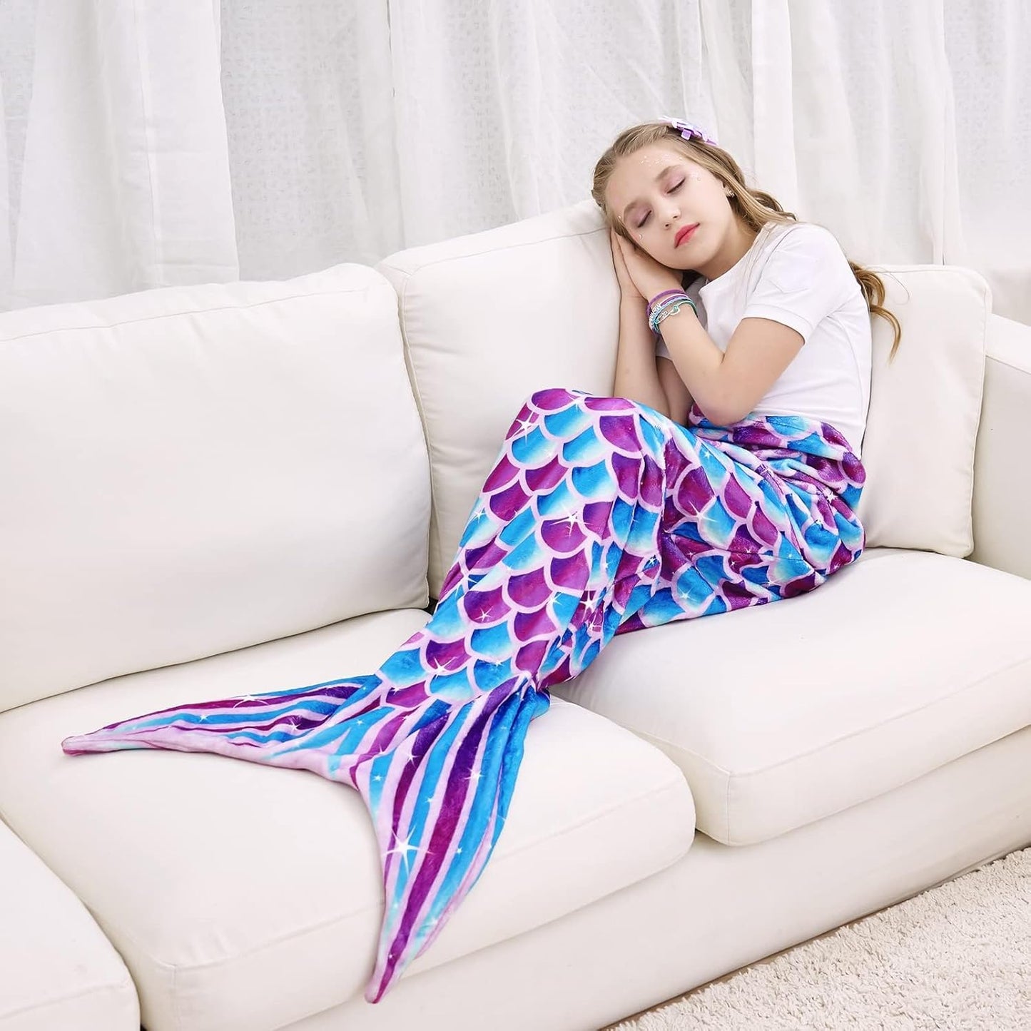 WERNNSAI Mermaid Tail Blanket – Plush Flannel Mermaid-Shaped Throw Blanket for Girls & Teens, Soft Cozy All-Season Blanket for Sofa, Bed & Travel, 55" x 24" (Blue)