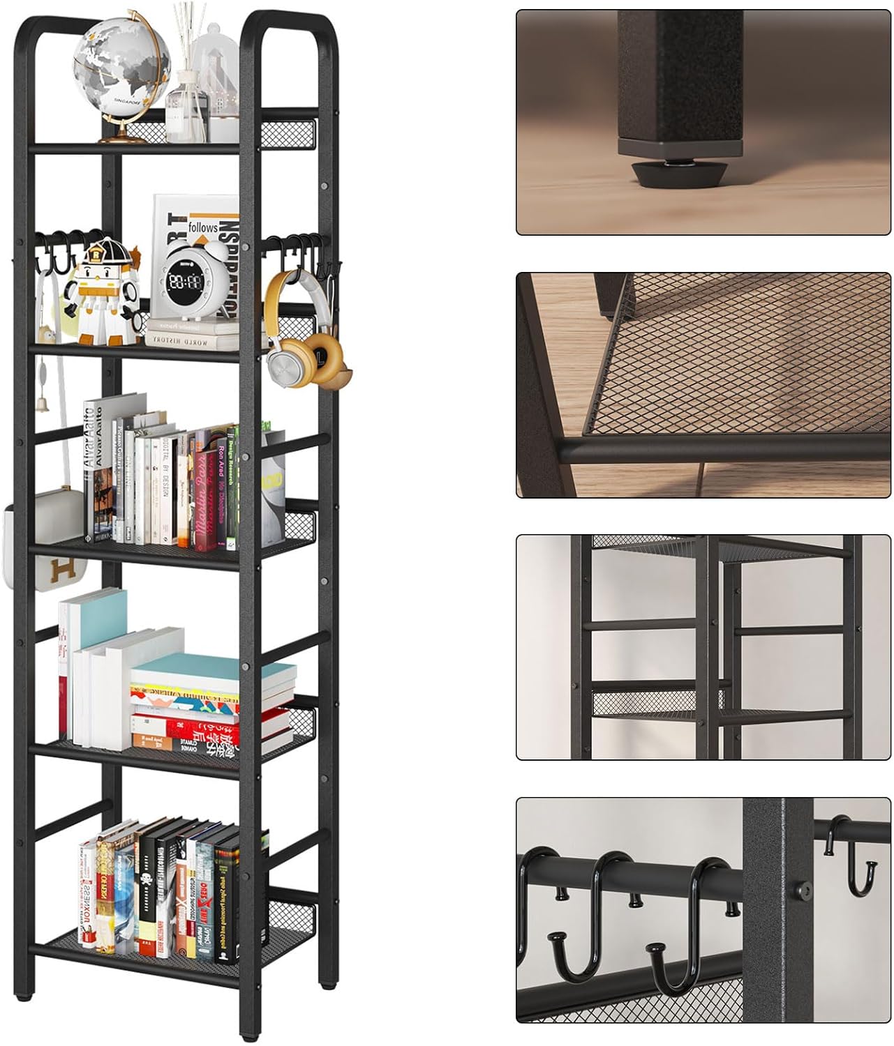 YMYNY 5 Tier Bookshelf, Freestanding Bookcase for Living Room, Bedroom, Home Office, Multi-Functional Storage Rack Organizer, Display Rack with Metal Frame, Rust Resistance, Black, UHBC055B