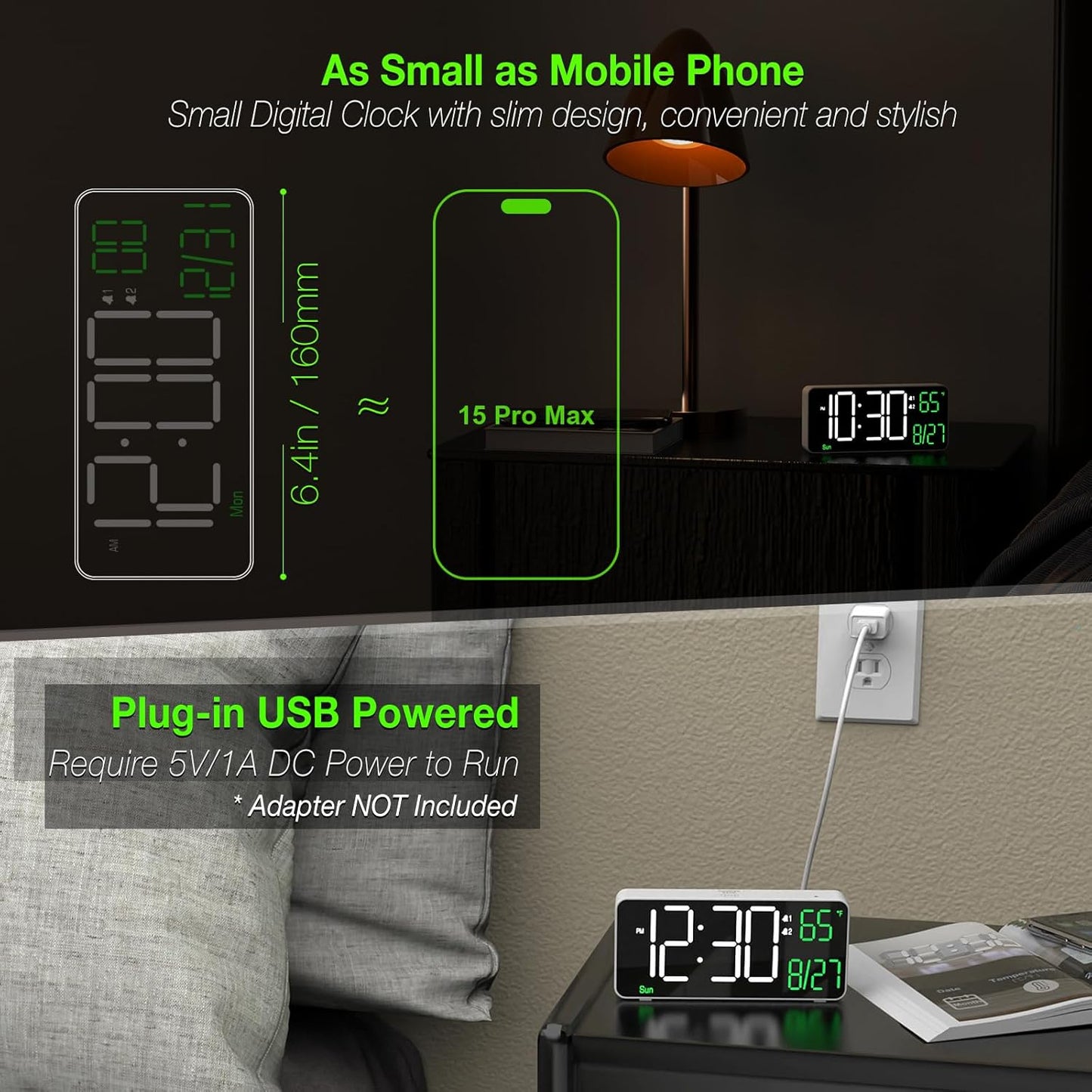 KOSUMOSU Digital Alarm Clock,6.7in Small Digital Clock for Bedroom,Auto Dimming,Date,Week,Seconds or Indoor Temperature,LED Desk Clocks for Living Room, Alarm Clocks for Bedrooms