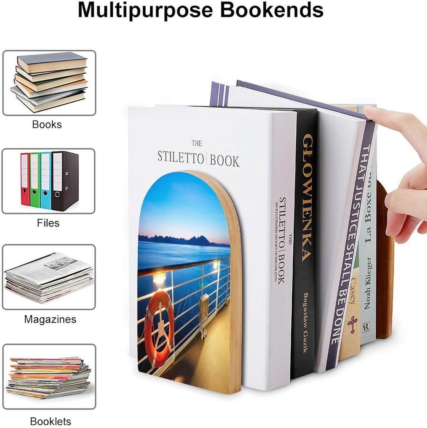 Pool Party Cruise Ship Wooden Bookend Non-Slip Book Ends Heavy Duty Book Stopper with Metal Base Books Holderd Decorative Bookends Stands Firmly for Office Supplies