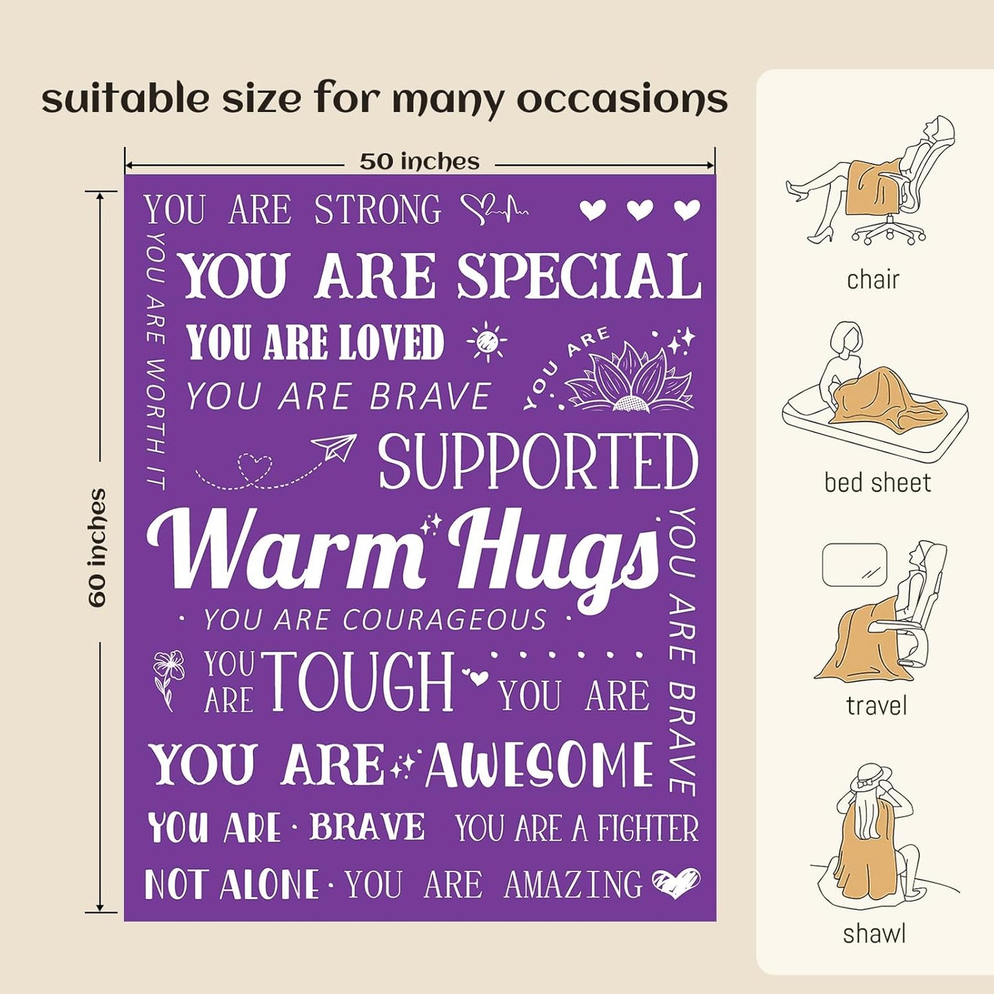 Get Well Blanket - Breast Cancer Gifts for Women, Feel Better After Surgery Gifts, Sympathy Inspirational Healing Blanket (Purple), MTHL005