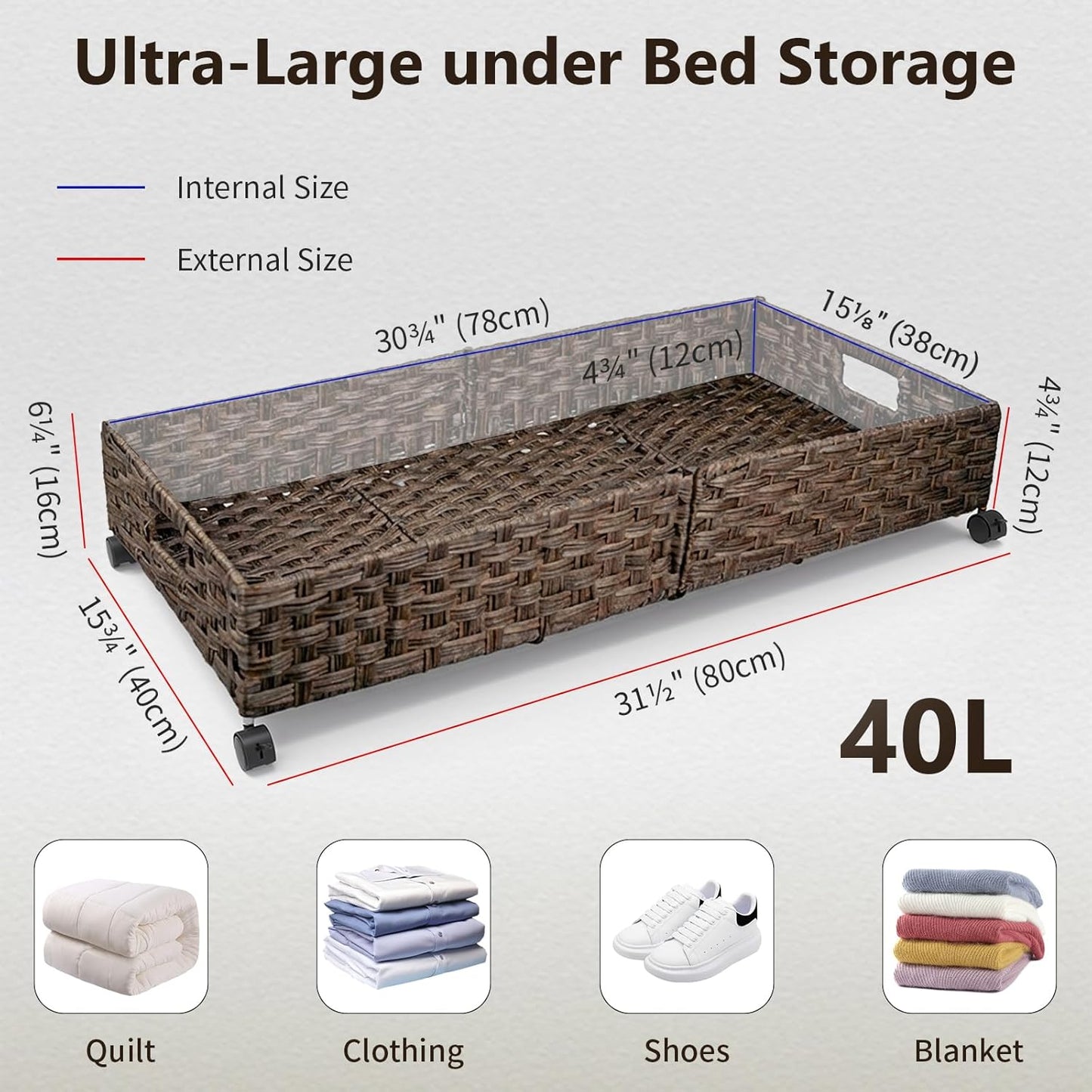 Under Bed Storage with Wheels, 40L Large Rolling Underbed Shoes Storage Boxs, Handwoven Rattan Under Bed Storage Organizer Drawers Containers for Clothes,Books,Toys,Brown(31.5 x 15.75 x 6.3 In)