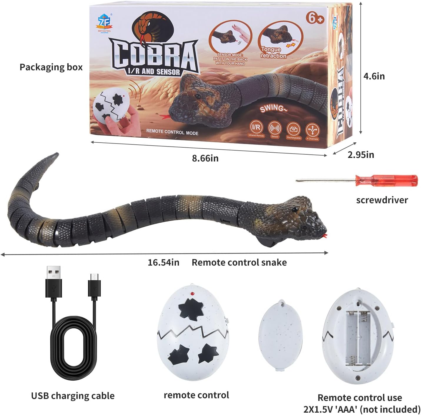 Remote Control Snakes Realistic Rc Snake Prank Cobra Rechargeable Smart Sensing Cat Toy with Infrared Controller Reptile Toys, Cool Gag Gifts or Christmas Birthday Gift for Boys Girls Ages 6+