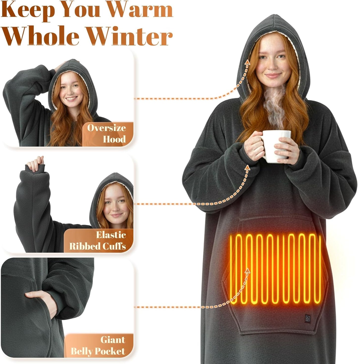 Dark Grey Wearable Heated Blanket Hoodie, Flannel & Sherpa USB Heated Hooded Blanket, Oversized Hoodie Sweatshirt with Pocket, 3 Heating Levels for Man Women Christmas Birthday Gifts, No Battery Bank