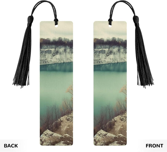 Overlooking The Lake Bookmarks Gifts for Women Men, Wooden Bookmarks for Book Lovers, Vintage Book Marks Ornaments with Tassel, Unique Personalized Reading Page Markers Black