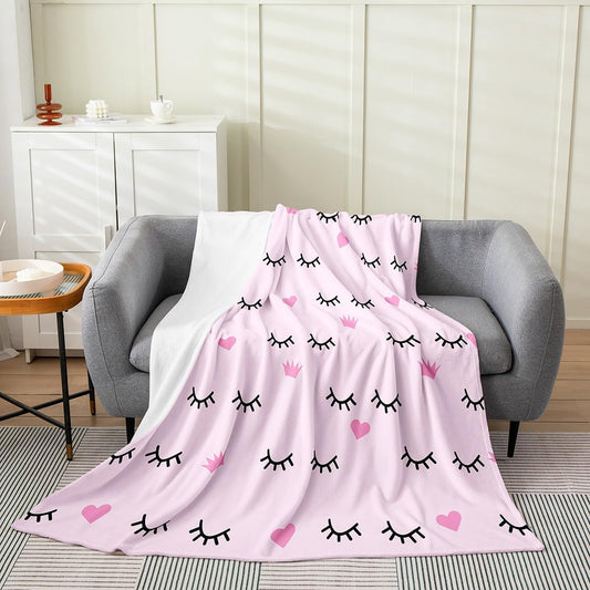 Manfei Eyelash Kids Flannel Blanket Hearts Crown Print Throw Blanket for Girls Princess Room Decor, Fashion Pink Blanket for Bed Couch Sofa, Soft and Breathable Cozy Blanket(40 x 50 Inches)