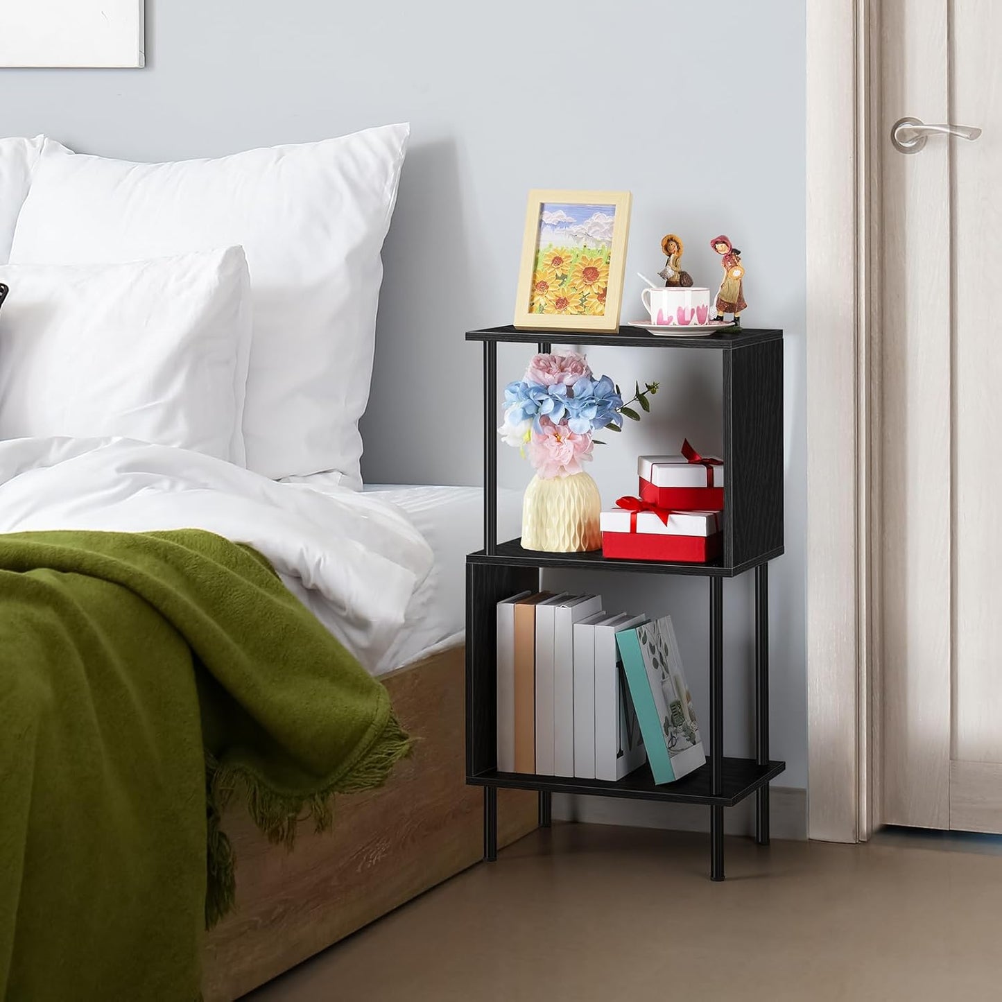 ETELI 3-Tier Side Table Small Tall S-Shaped End Table with Open Book Shelf Industrial Black S-Shaped Bookcase Bedside Table for Office Living Room Bedroom Home Corner