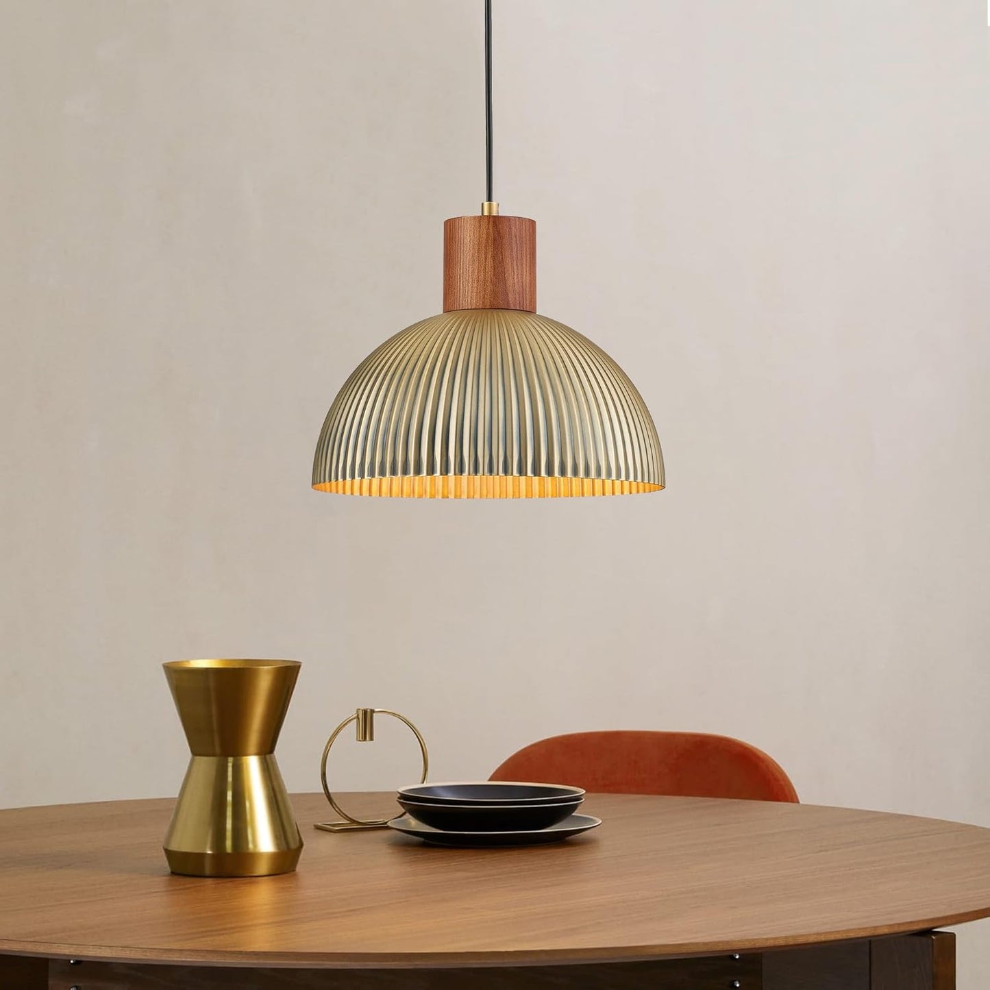 ELYONA Vintage Ash Wood Dome Pendant Light 12" Hanging Lamp with Brushed Brass Metal Shade & Gold Inner Finish, Modern Pendant Light Fixtures for Kitchen Island Dining Room Bedroom Living Room Hallway