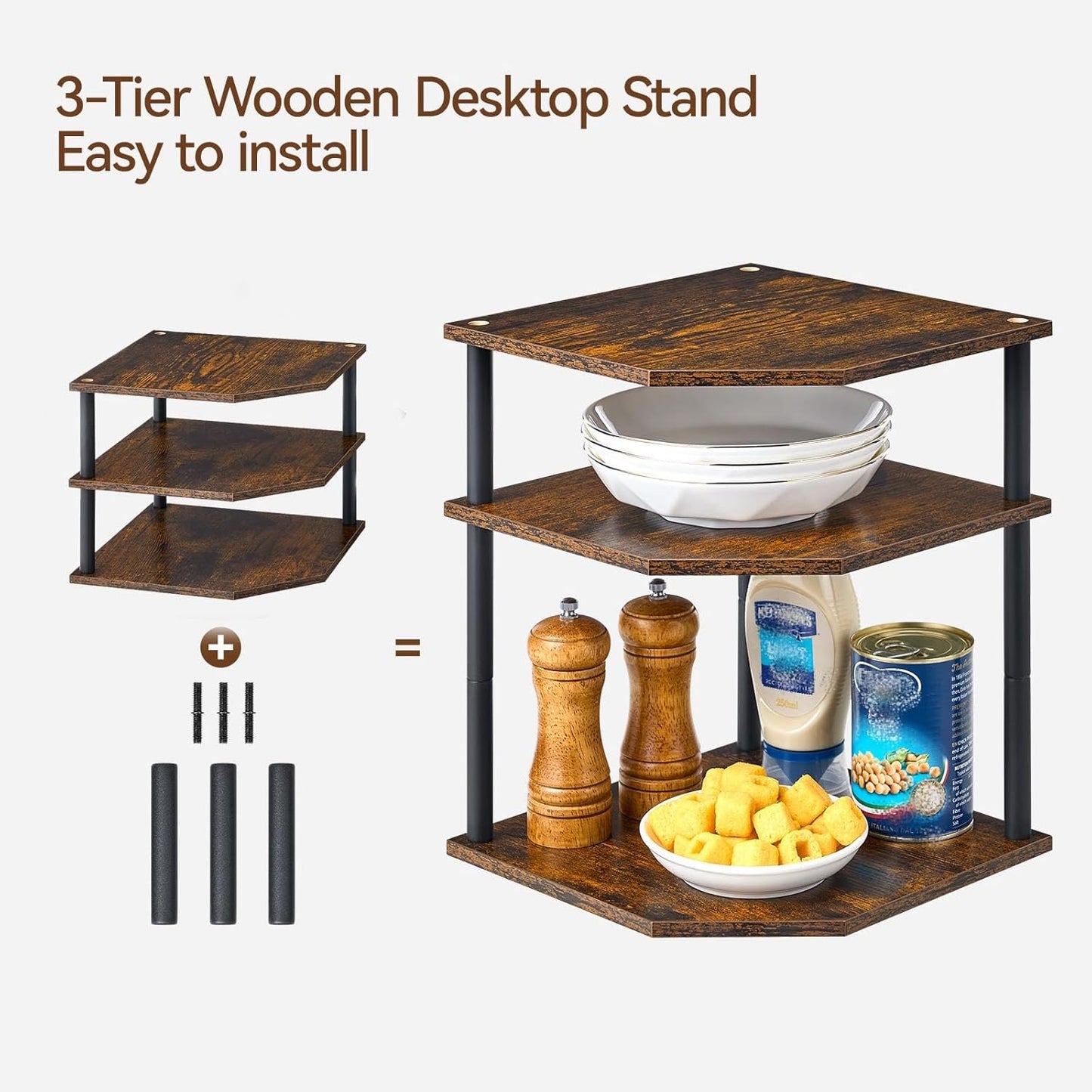 3-Tier Wood Corner Shelf, Cabinet Plate Dish Pantry Organizer Table Shelves Countertop Bookshelf Decor for Kitchen Bathroom Bedroom Home Set of 2