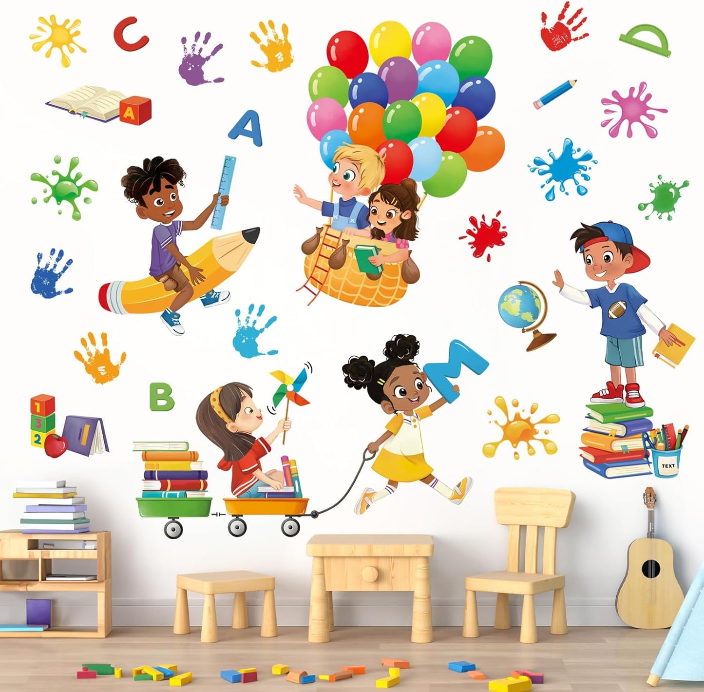 decalmile Reading Corner Balloon Wall Stickers Books Kids Handprint Educational Wall Decals Reading Room Study Room School Wall Decor