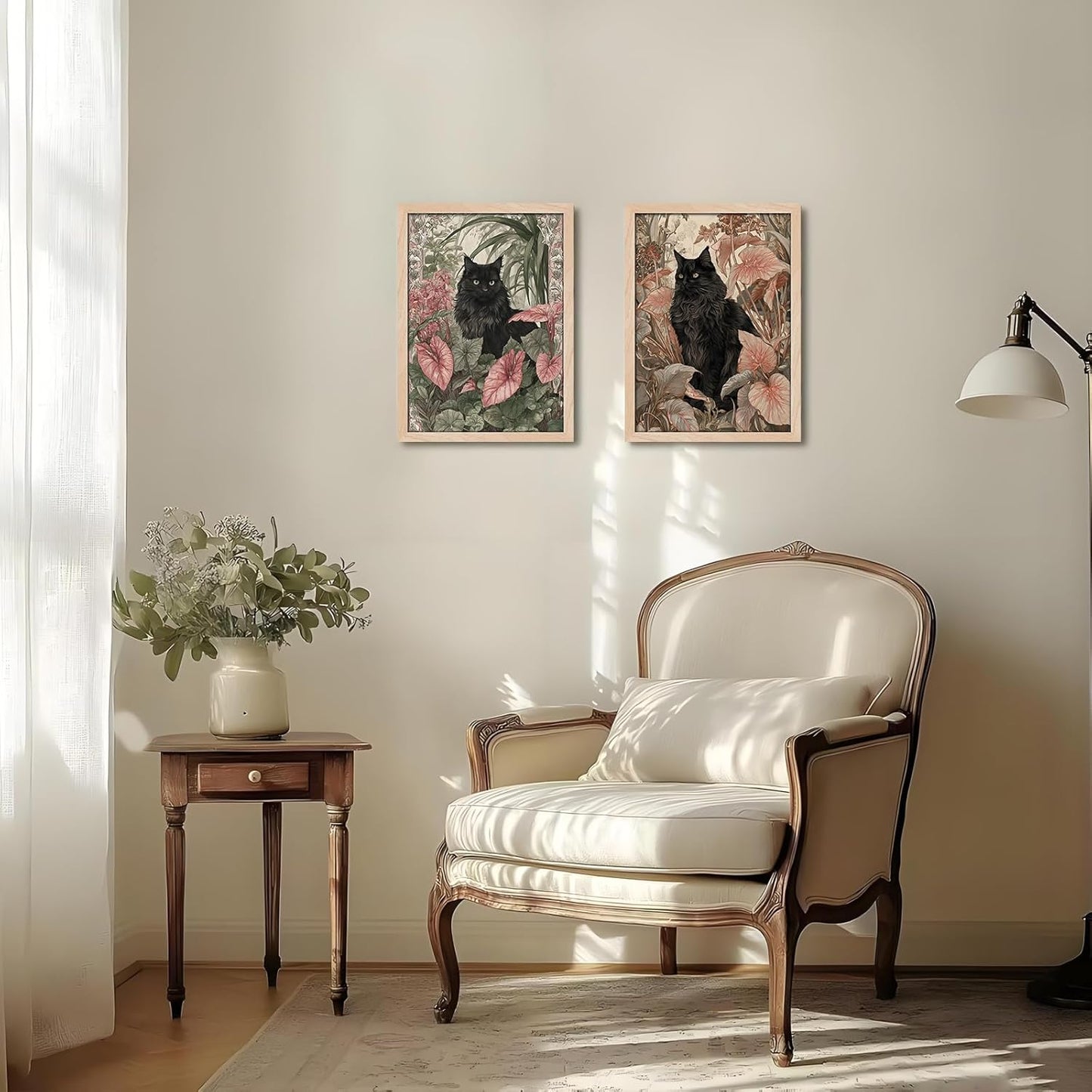 Leaf&Lore Framed Black Cat Botanical Wall Art – Vintage Floral Cat Canvas Painting with Solid Wood Frame & Acrylic Cover, Elegant Nature Picture Prints for Living Room Home Decor12x16IN