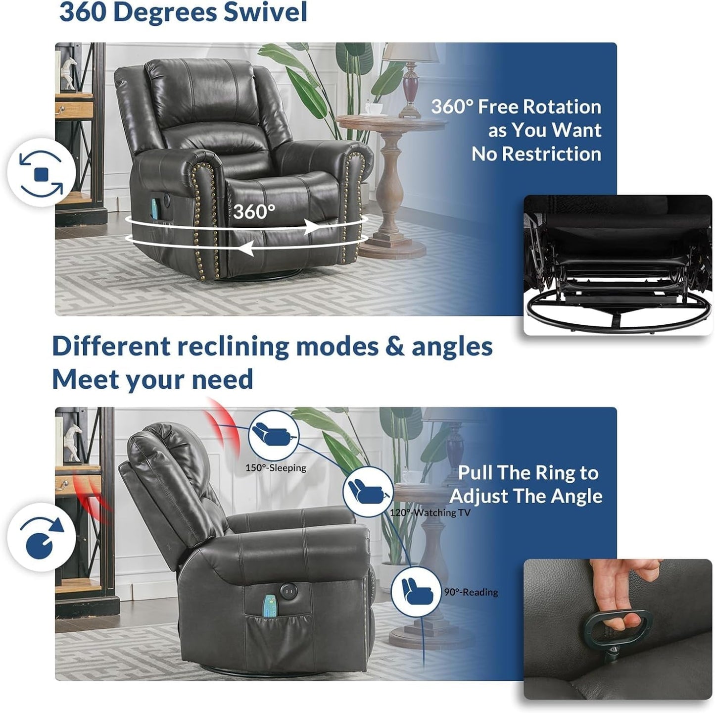 Modern Swivel Glider Rocker Recliner Chair for Adults, Manual Rocking Reclining Sofa with Heat and Vibration Massage, 360 Degree Swivel Armchair with USB Port, Side Pockets