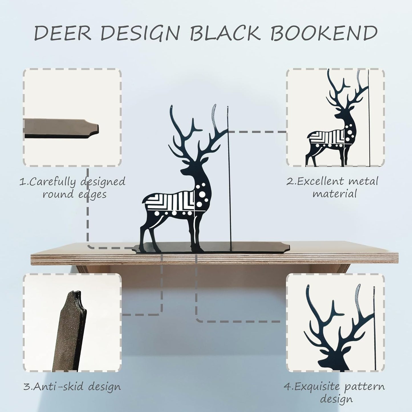 Modern Deer Metal Bookends for Shelves,Black Bookends Gifts for Book Lovers Men/Readers Women/Comic Book Fans/Kids, Decor for Bookshelf Kids Room Desk Accessories, Set of 2