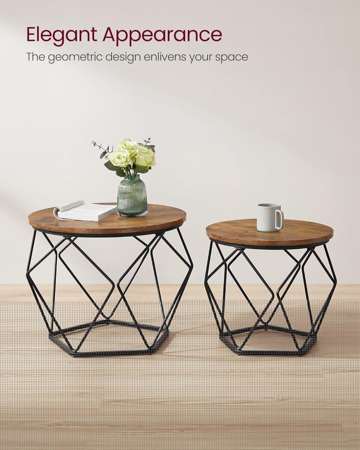 VASAGLE Small Coffee Table Set of 2, Round Coffee Table with Steel Frame, Side End Table for Living Room, Bedroom, Office, Rustic Brown and Ink Black | Living Room, Bedroom, Office