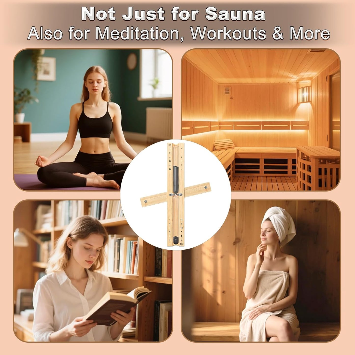 15 Minute Sauna Timer, Wooden Hourglass for Sauna, Reloj De Arena, Heat Resistant Sand Clock Hour Glass Timer for SPA Room (Black)