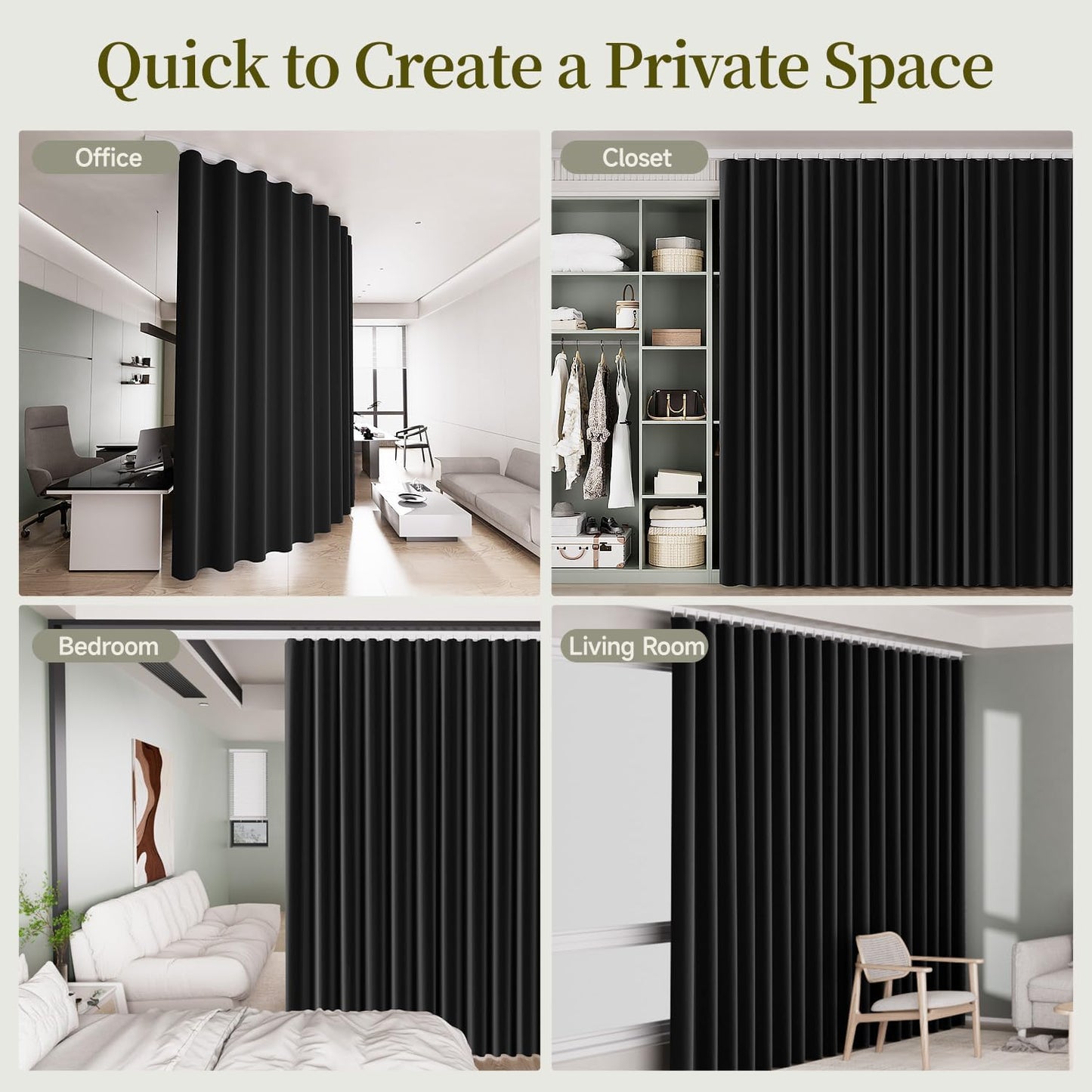 Room Divider Curtain with Ceiling Mount Track Blackout Curtains Thickened Ceiling Privacy Room Divider Screen, Flexible Ceiling Track Window Curtain Panels for Living Room Bedroom (Black W8.3 x L7ft)