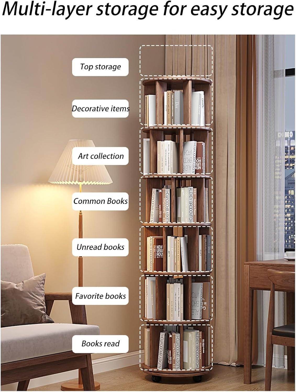 Tall Skinny Bookshelf, Bookcase on Wheels, Corner Display Shelves, Wooden Rotating Bookcase Shelves Floor Freestanding for Living Room Corner, for Home Office Decor (Color : Walnut color, Size : 6 l