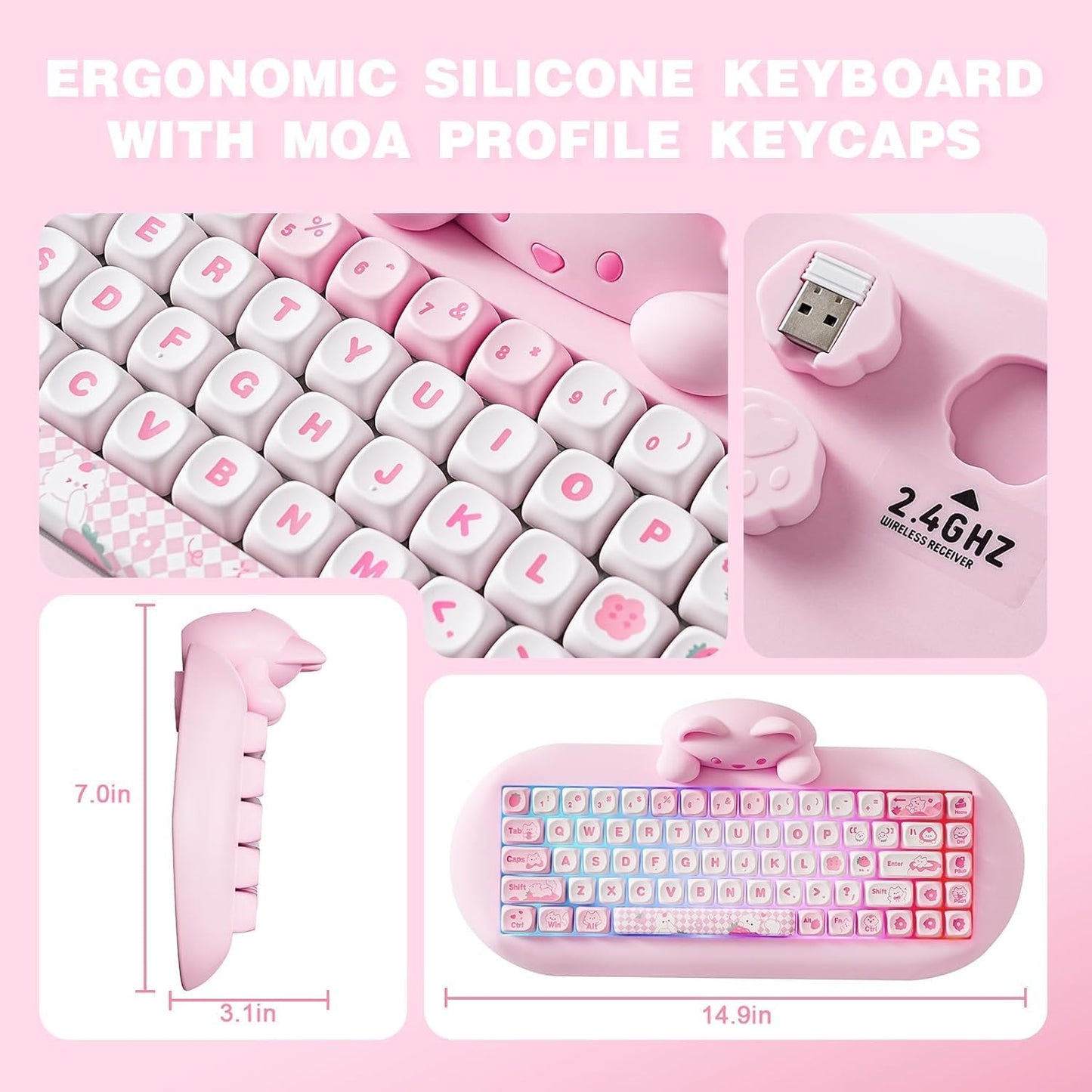 YUNZII C68 Wireless Mechanical Keyboard,65% Layout,Hot Swap,Triple Mode BT5.0/2.4G/Wired, RGB Backlit NKRO,Cute Cat Silicone Ergonomic Design for Win/Mac (Pink, Milk Switch)