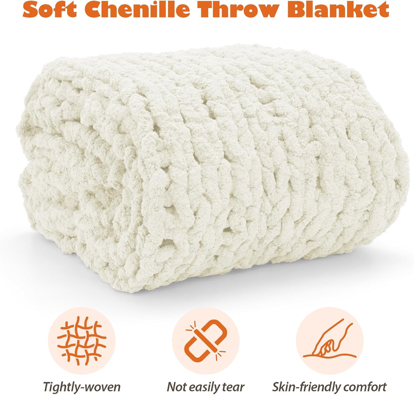 Chunky Knit Blanket Throw, 60x80inch Soft Chenille Yarn Throw, Handmade Warm Thick Cable Knit Crochet Blanket, Large Rope Knot Throw Blanket for Couch Bed Sofa,White
