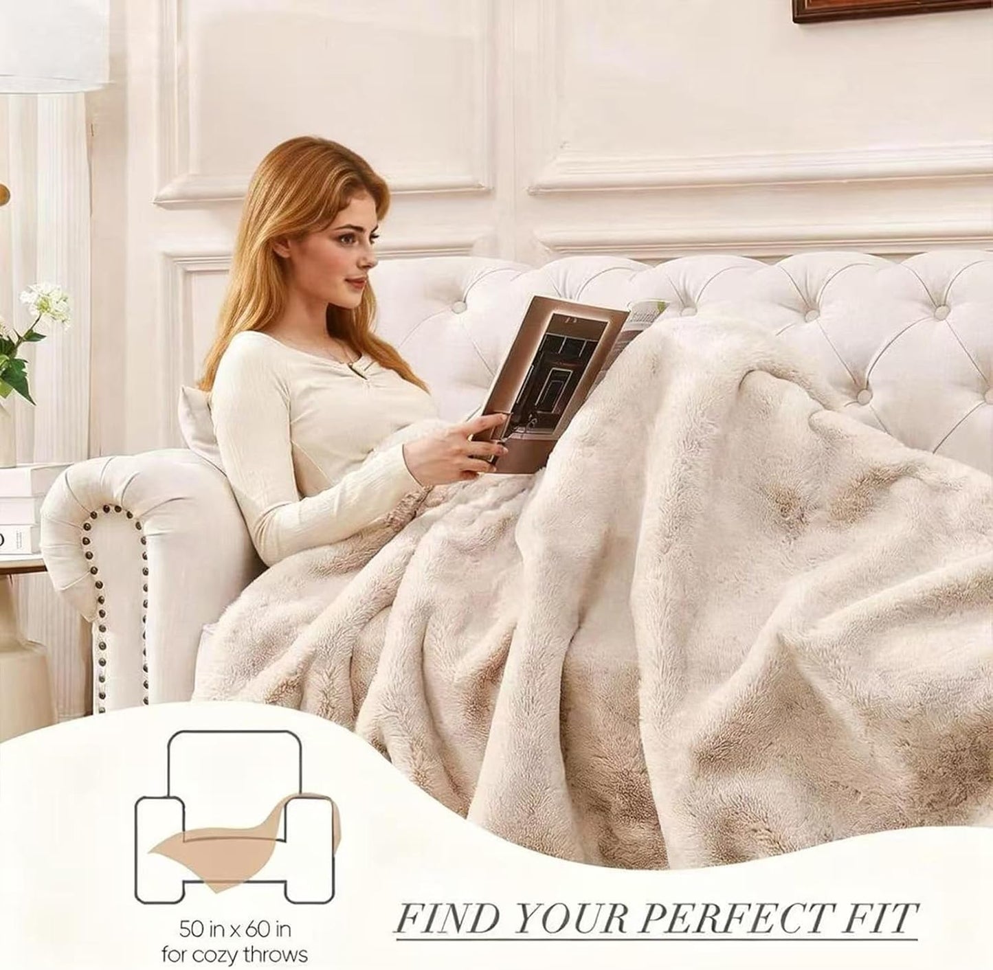 Faux Rabbit Fur Throw Blanket 880 GSM, Ultra Soft Thick Warm Bubble Plush, Reversible Throw for Couch Sofa Bed, Cozy Shaggy Blanket for Bedroom & Living Room(50''*60'',Camel)