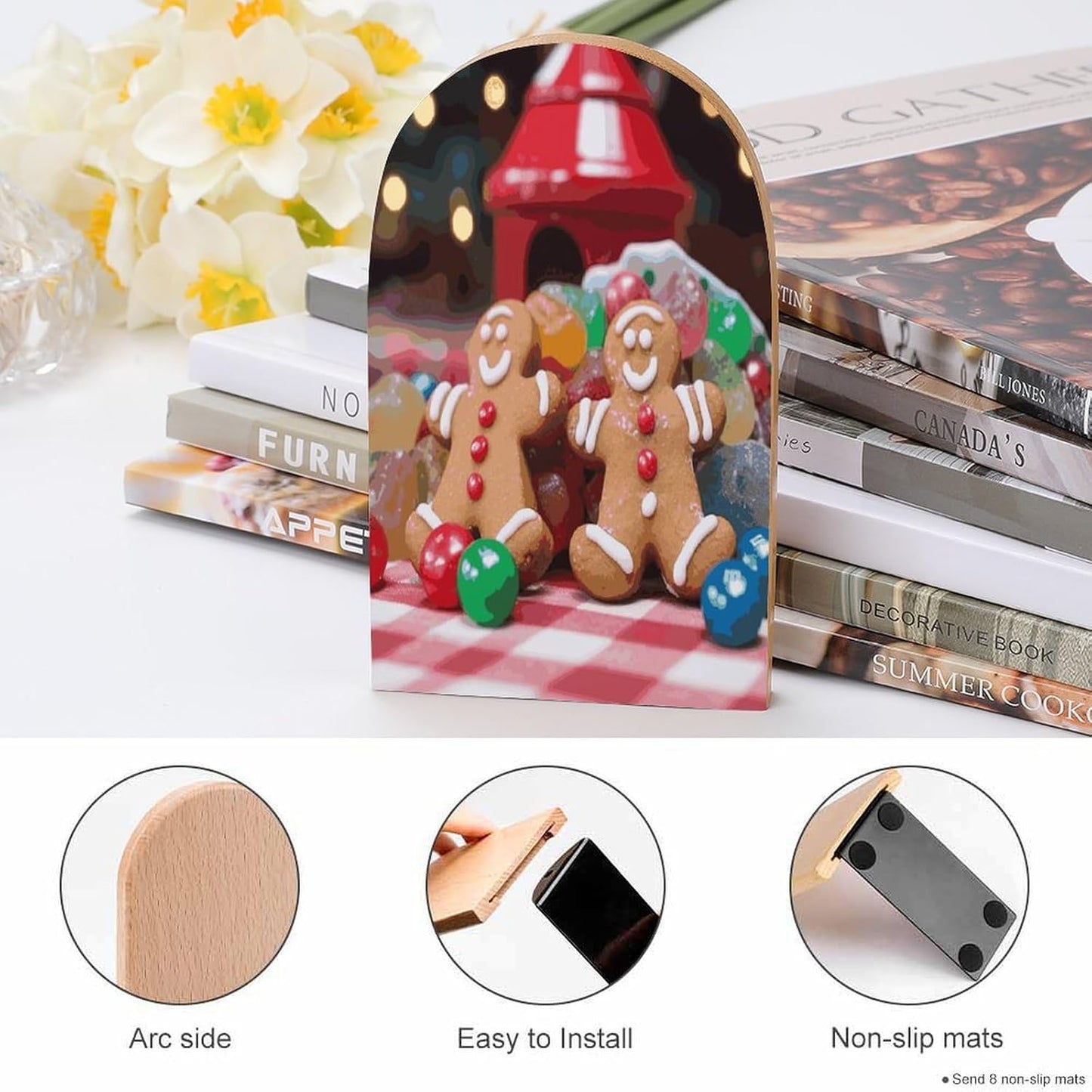 Gingerbread Man Candy Bookends 1 Pair Heavy Duty Book Ends for Shelves Non-Skid Bookend Supports Wooden Book Holders with Metal Base Desk Organizers Books Storage to Hold Books