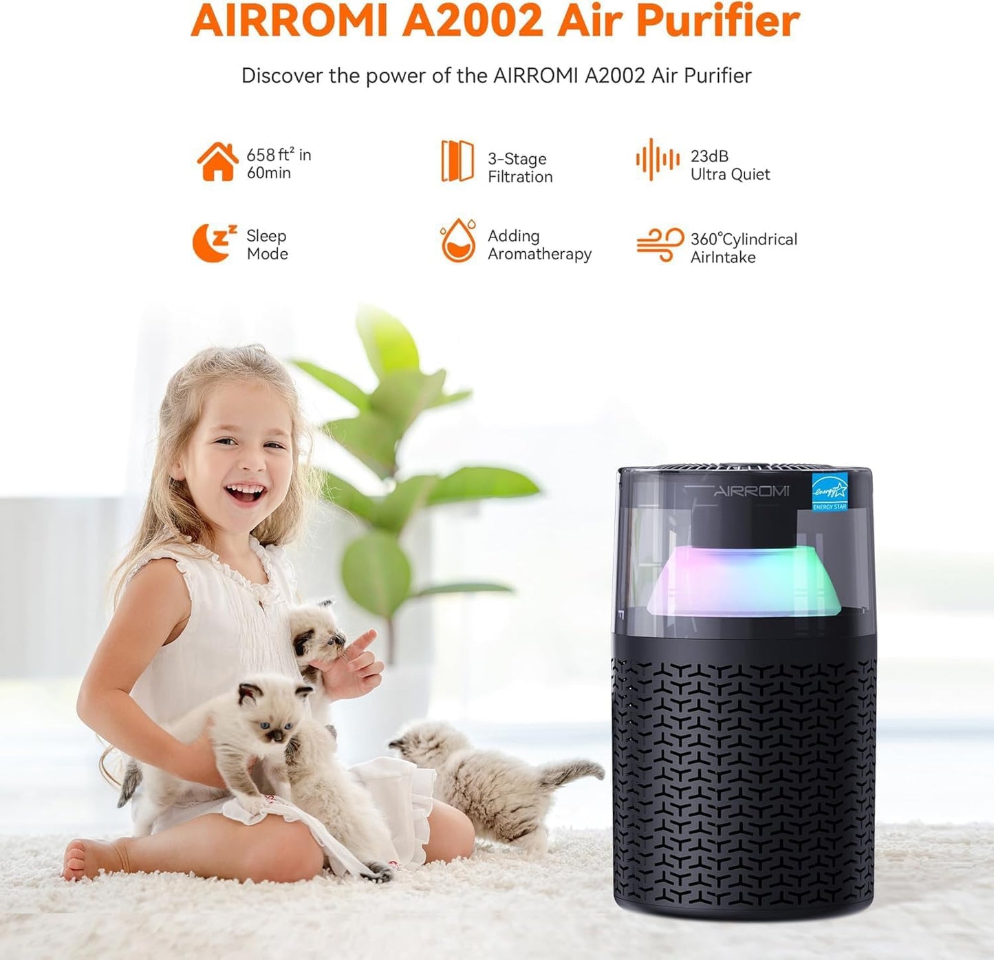 AIRROMI Pet Air Purifier for Home & Bedroom, HEPA Activated Carbon Filter, Removes Pet Dander & Odor, Allergies, Smoke, Hair, Night Light, Fragrance Sponge, Up to 658 ft², A2002 Black