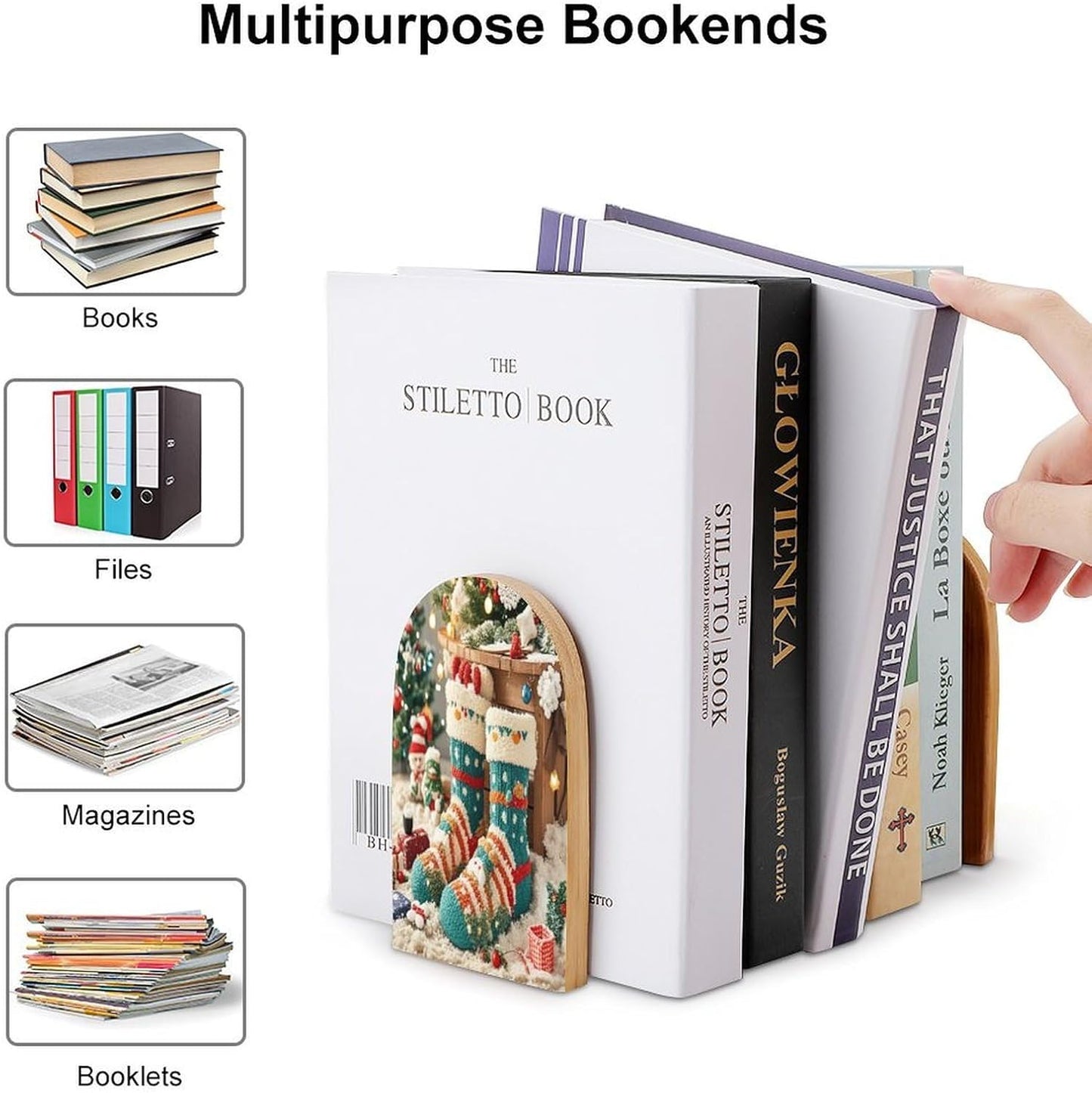 Cute Christmas Socks Bookends 1 Pair Heavy Duty Book Ends for Shelves Non-Skid Bookend Supports Wooden Book Holders with Metal Base Desk Organizers Books Storage to Hold Books