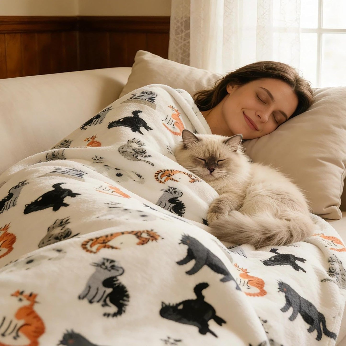 Cat Throw Blanket, 50"x60" Soft Cozy Flannel Throw with Cat Print for Pet Lovers Lightweight Pet Themed Blanket Gifts Full Seasons