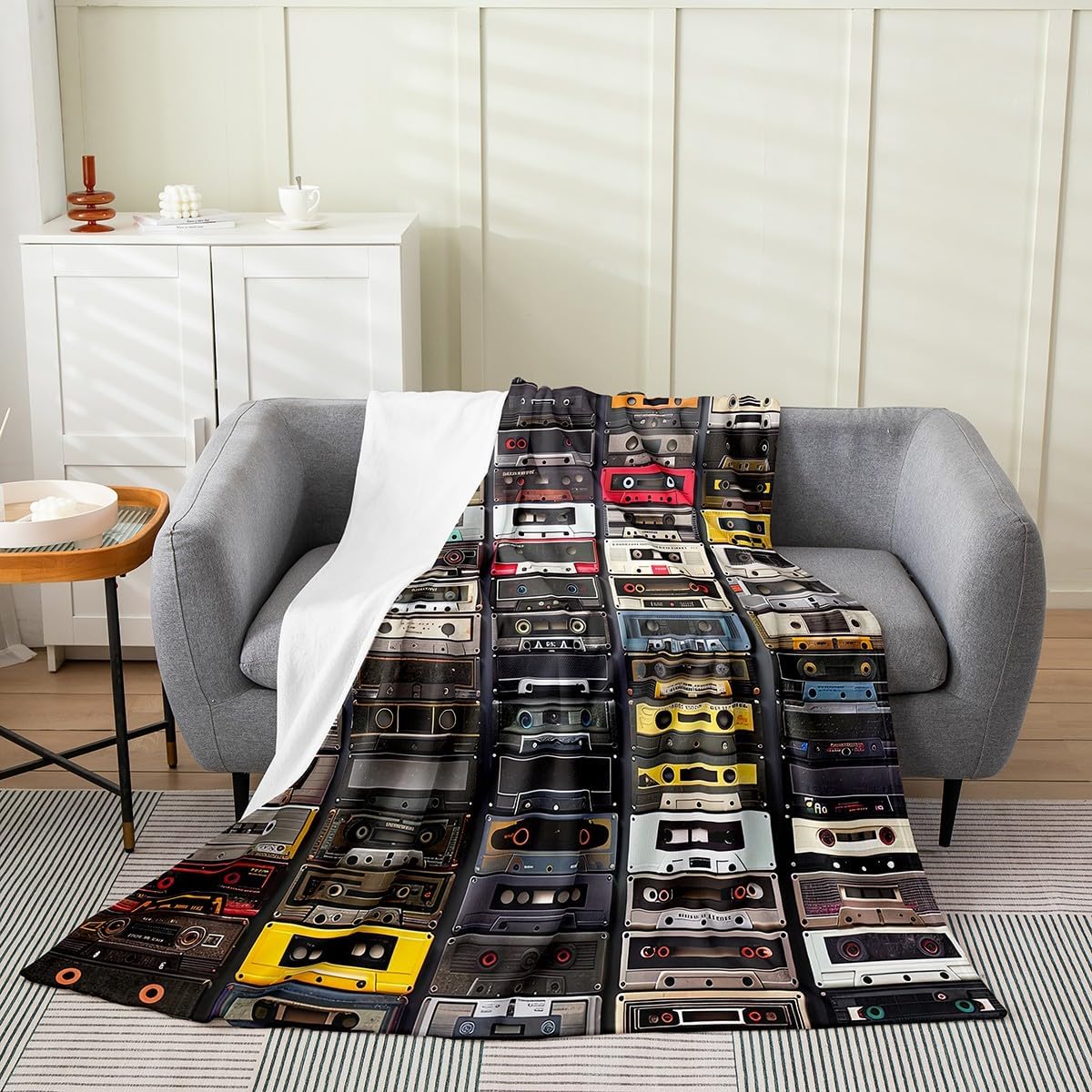 Erosebridal Vintage Radios Fleece Blanket Retro Music Tape Printed Throw Blanket Cassette Music Playback Record Blanket for Kids Boys Girls Teens Hip Hop Fuzzy Blanket,Twin 60x80