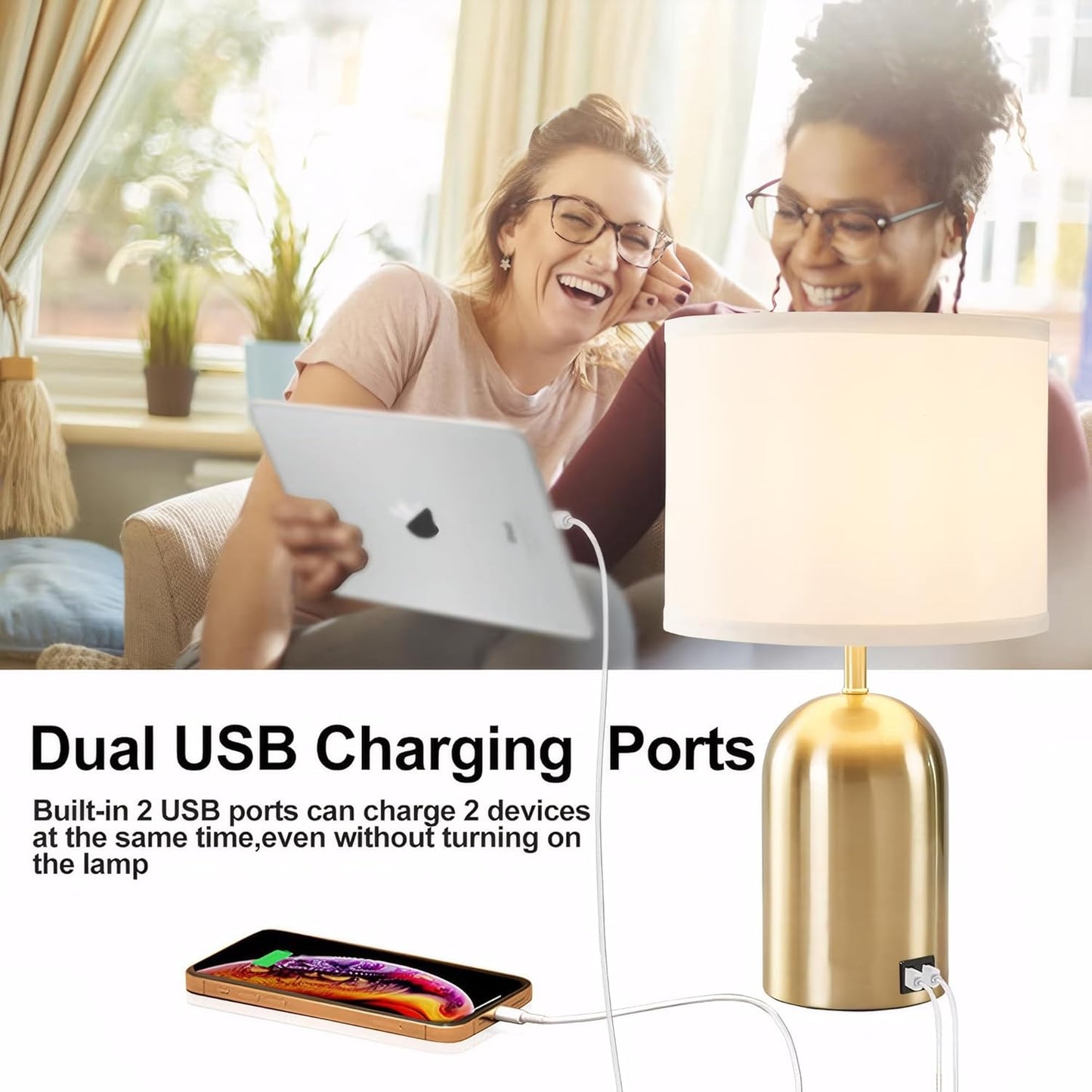 GyroVu Bedside Lamp with USB Port, Touch Control Table Lamp for Bedroom, Dimmable Modern Nightstand Lamp with Fabric Shade Gold Base for Living Room, Dorm, Home Office, LED Bulb Included